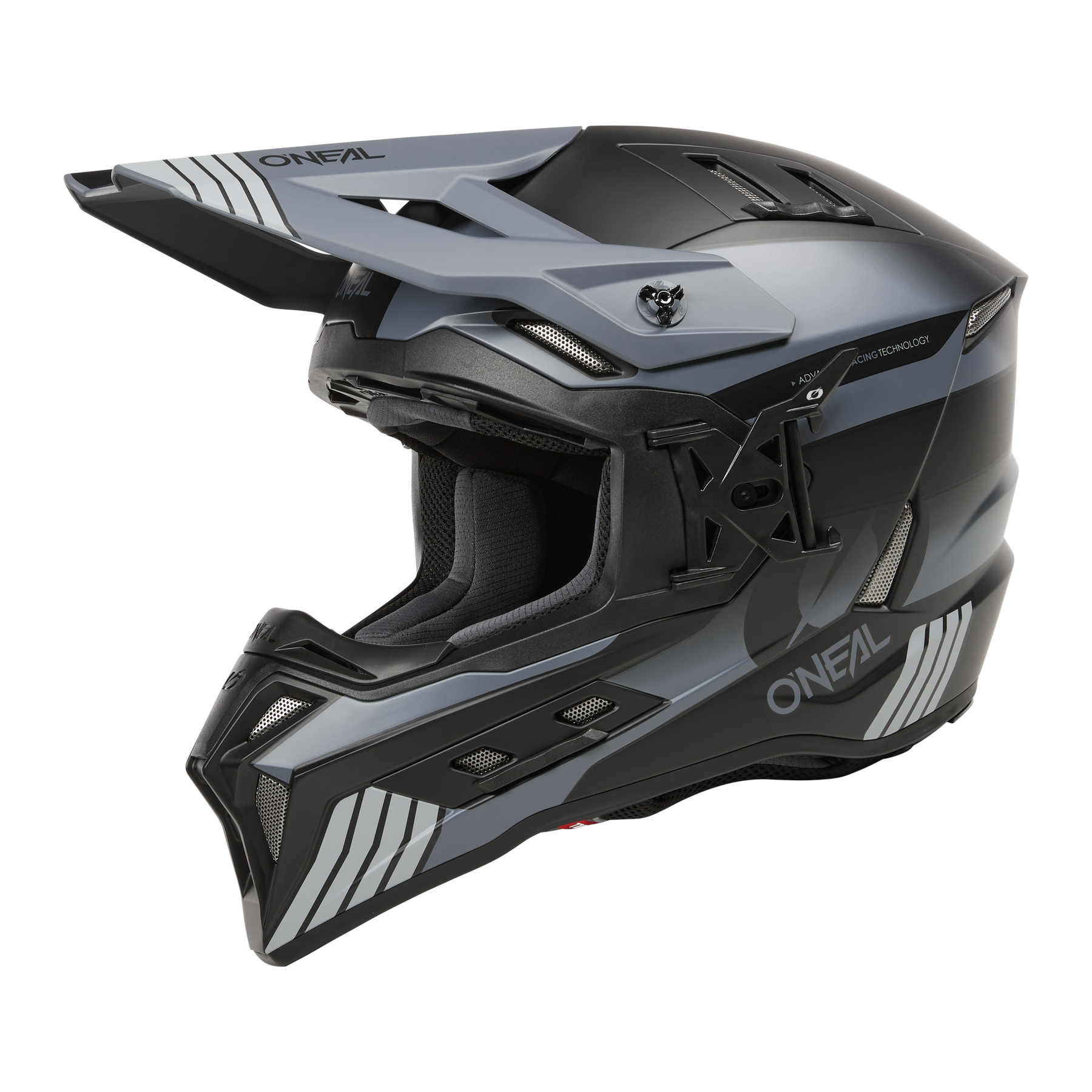 El casco O'NEAL EX-SRS HITCH presenta un diseño vanguardista en negro y gris, una visera, la marca "O'NEAL", orificios de ventilación y un interior acolchado, ideal para montar en moto.