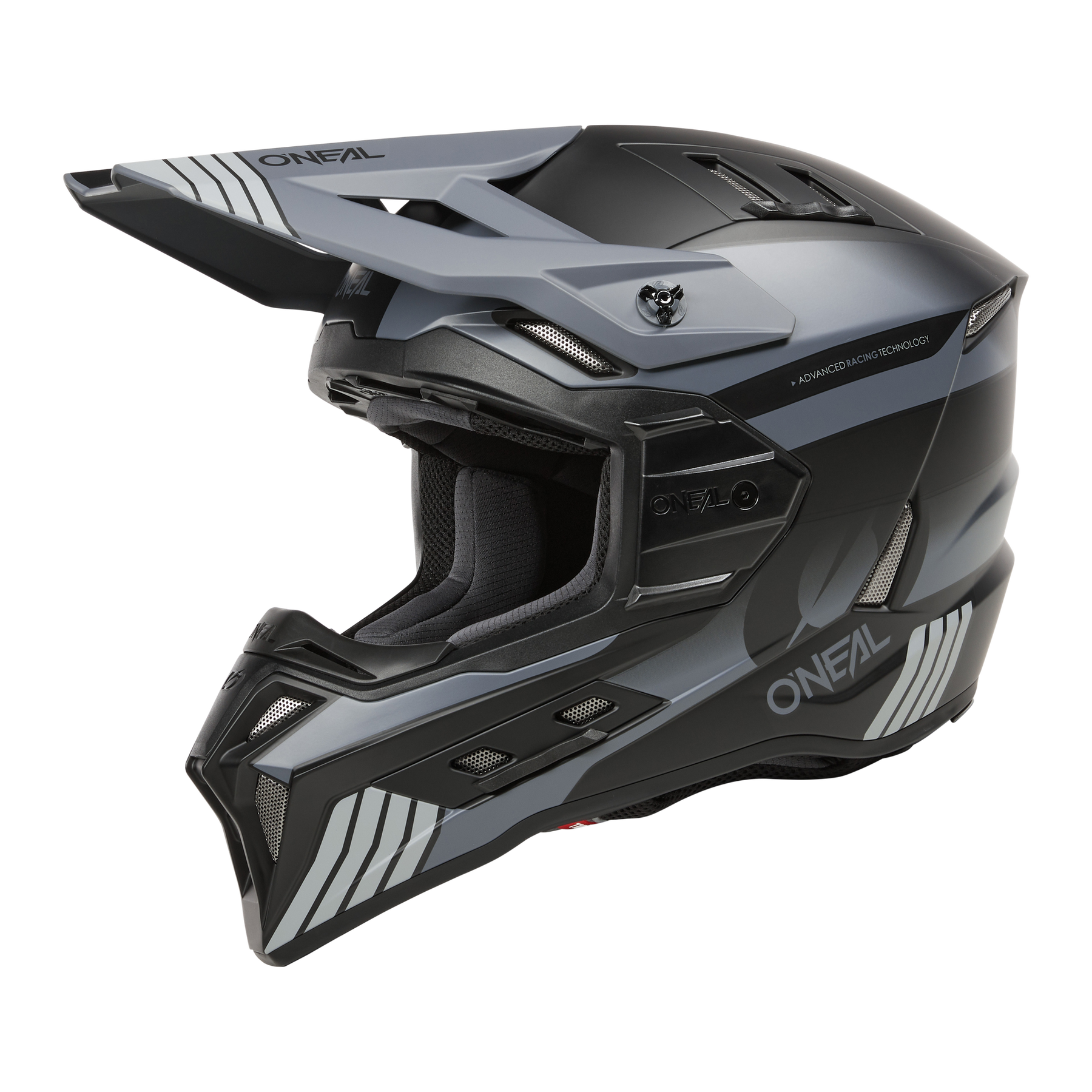 El casco O'NEAL EX-SRS HITCH es un casco negro mate y gris con un diseño anguloso, la marca "O'NEAL" en la mentonera y en el lateral, visera, ranuras de ventilación y compatibilidad con el airflap para una mayor comodidad durante la conducción.