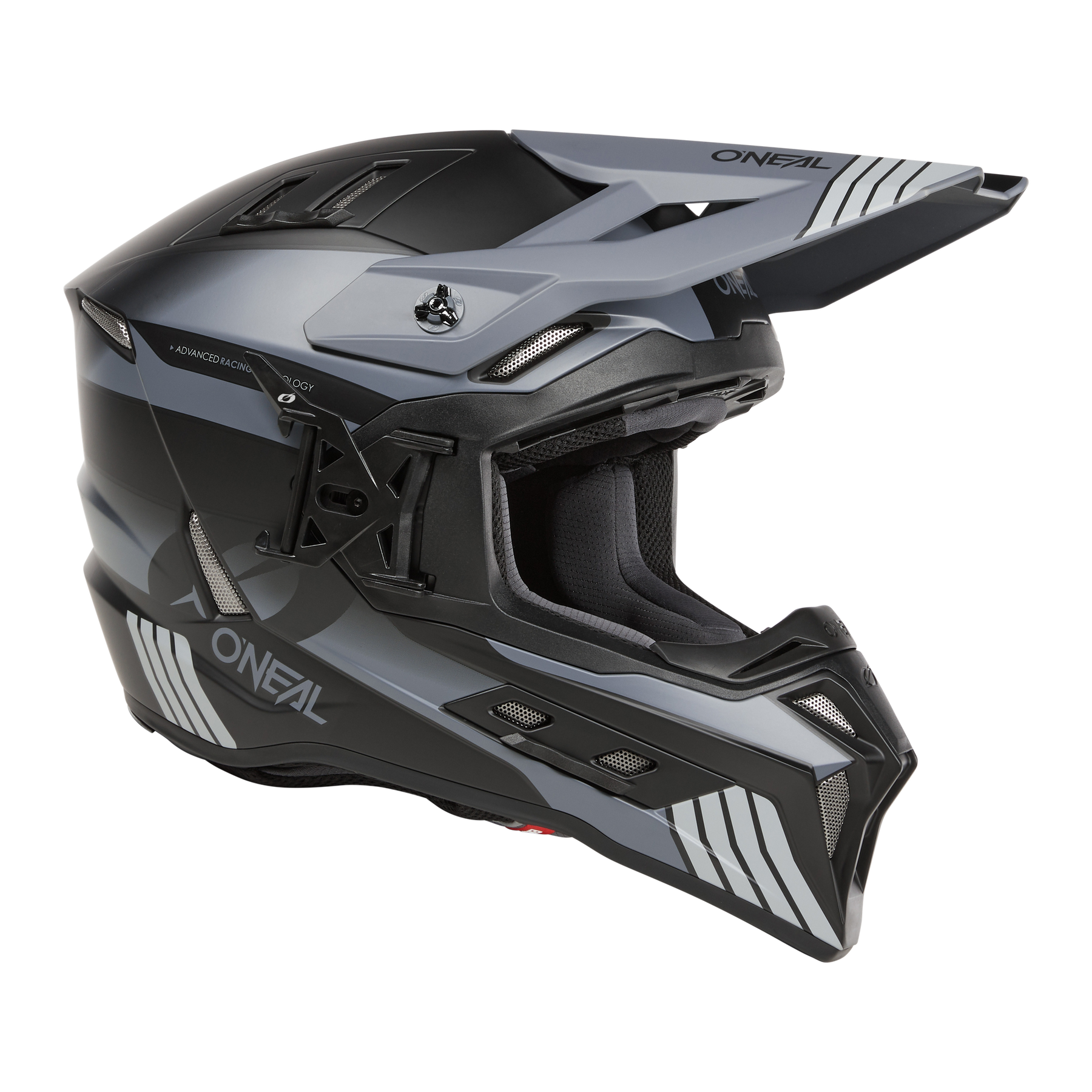 El casco O'NEAL EX-SRS HITCH es un casco integral negro y gris con un diseño anguloso, aberturas de ventilación, una visera extendida para las sesiones de pilotaje y el logotipo "O'NEAL" en el lateral.