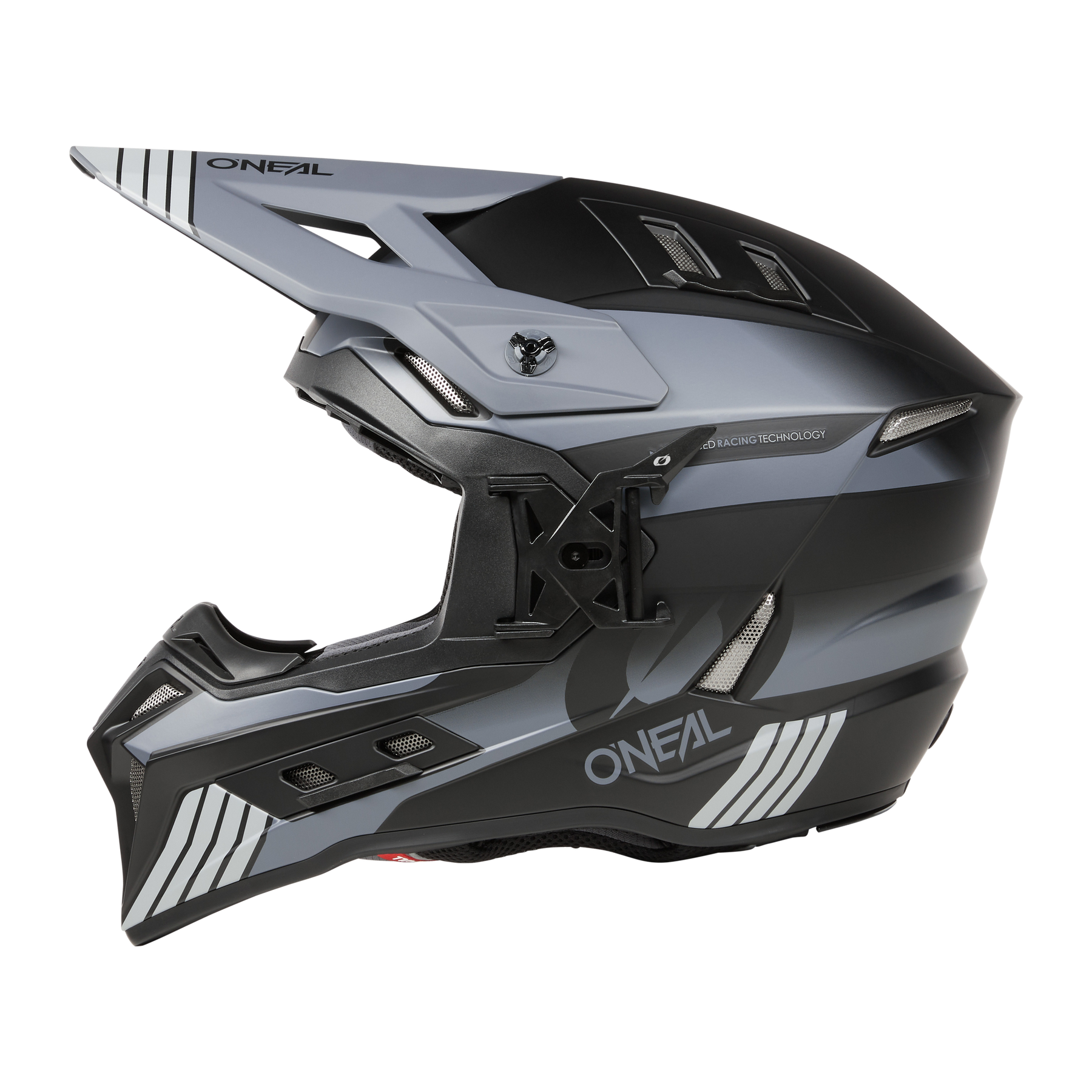 El casco O'NEAL EX-SRS HITCH tiene un diseño en negro mate y gris, con orificios de ventilación angulares, visera y gráficos blancos en la barbilla, los laterales y la parte posterior, perfecto para las intensas sesiones de motocross.