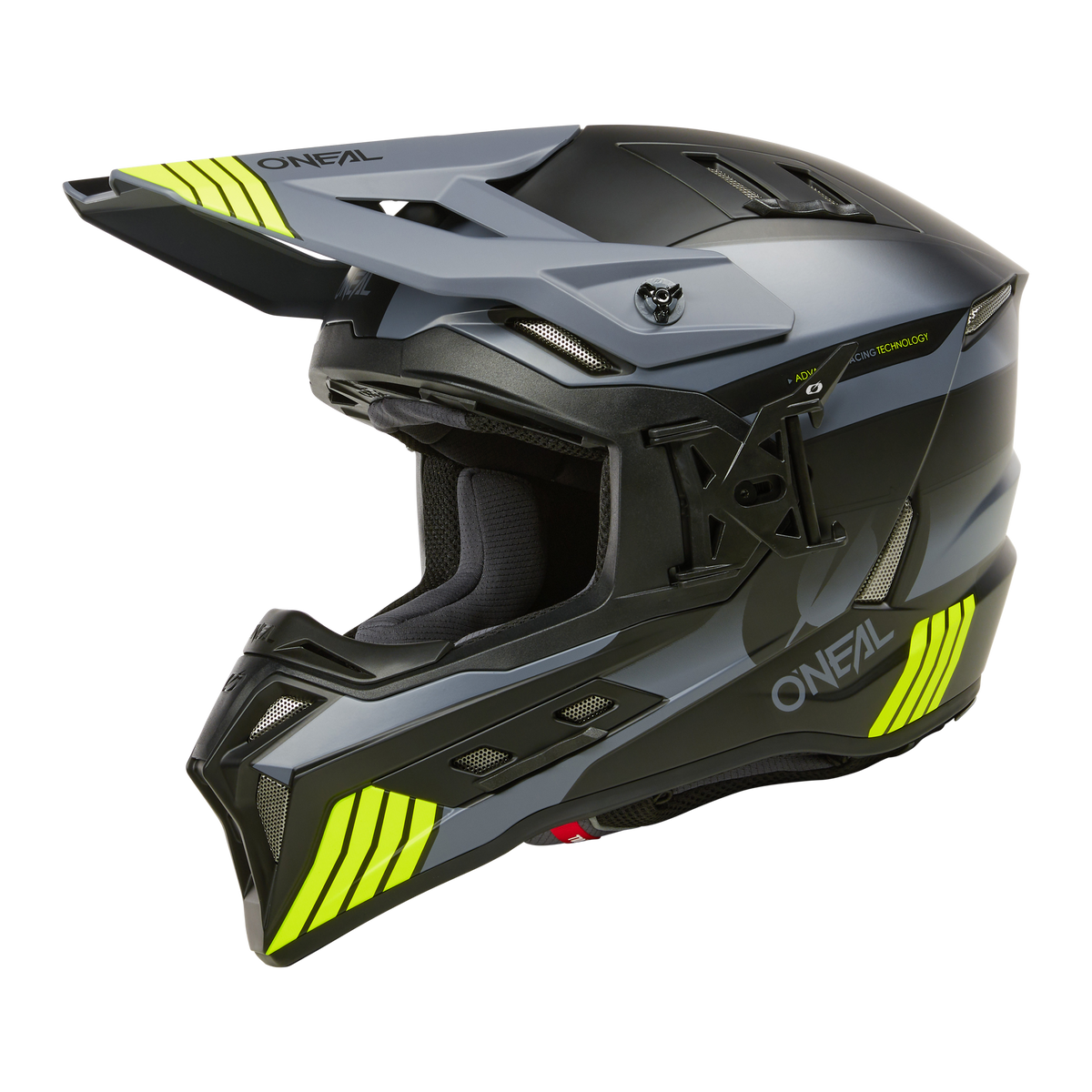 Der O'NEAL EX-SRS Helm HITCH ist ein Motocross-Helm mit einem eleganten Design in Schwarz, Grau und Neongelb. Der Helm verfügt über eckige Linien, Atemöffnungen und ein Visier und trägt den Markennamen „O'Neal“ deutlich sichtbar an der Seite. Neongelbe Akzente verbessern die Sichtbarkeit, während Airflaps für Komfort bei ganztägigen Fahrten sorgen.
