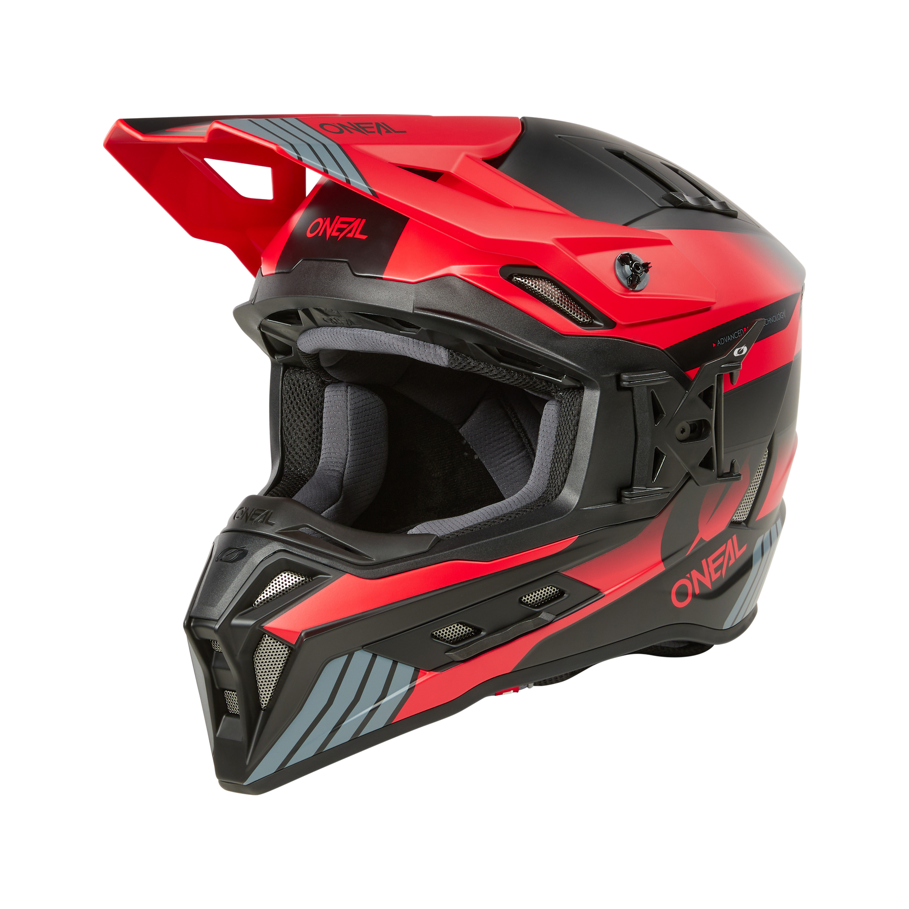 Vista lateral del casco O'NEAL EX-SRS HITCH en rojo y negro con un diseño anguloso, orificios de ventilación, visera y detalles en gris: perfecto para una conducción intensa. Se muestra sobre un fondo transparente.