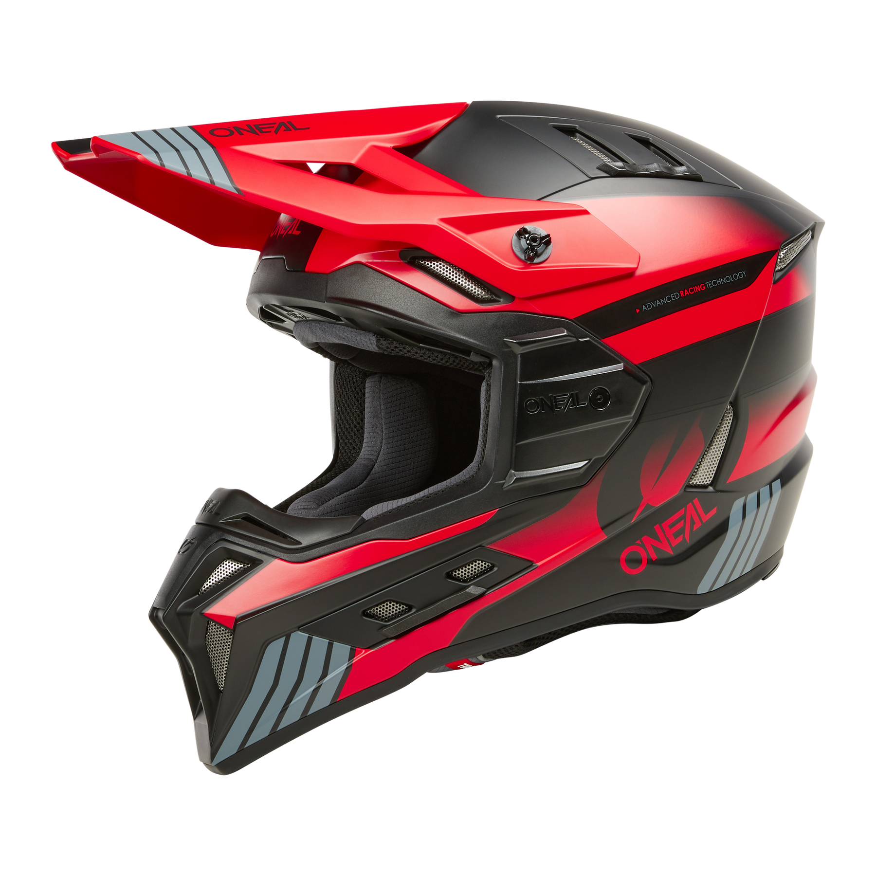 Der O'NEAL EX-SRS Helm HITCH ist perfekt für Fahrten und verfügt über ein schlankes Design mit einer Kombination aus mattschwarzen, leuchtend roten und grauen Akzenten. Der Helm verfügt über zusätzliche Schutzfunktionen, ein aerodynamisches Visier und integrierte AirflapsTM. Der Markenname O’NEAL ist an der Seite prominent in Rot angebracht.