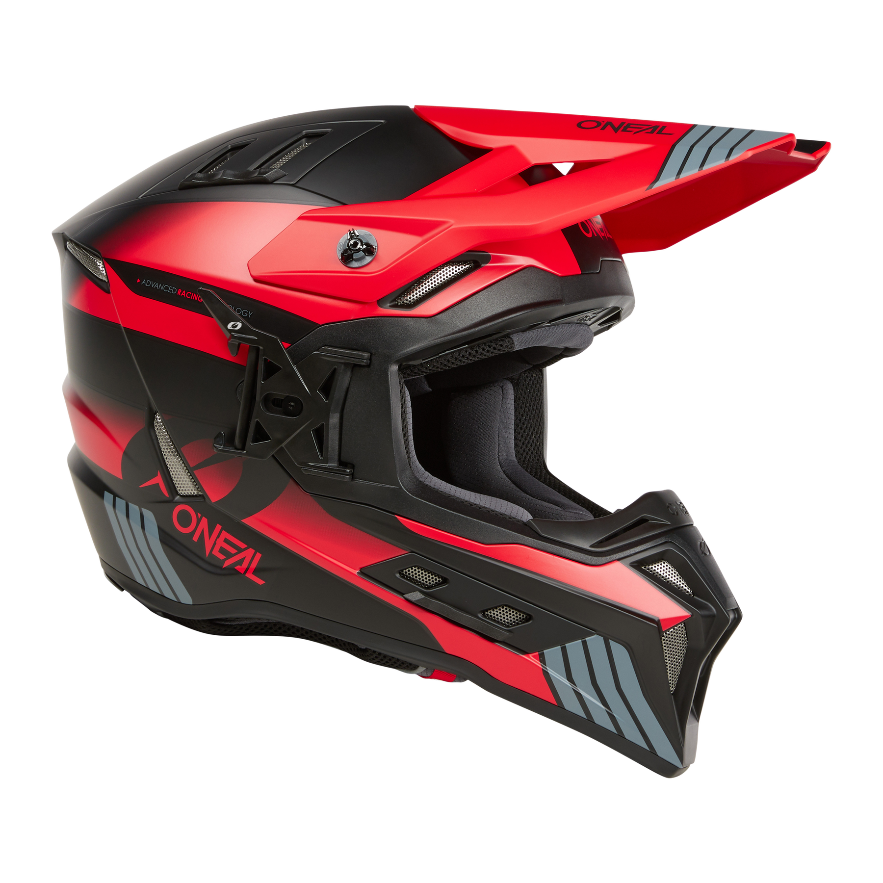 Eine Seitenansicht eines rot-schwarzen Integralhelms von O'Neal. Der O'NEAL EX-SRS Helm HITCH zeichnet sich durch eckige Designelemente, ein markantes Visier und ein aggressives Styling mit Belüftungsöffnungen und einem matten Finish aus. Das O'Neal-Logo ist auf der Seite sichtbar, perfekt für intensive Fahrsessions.