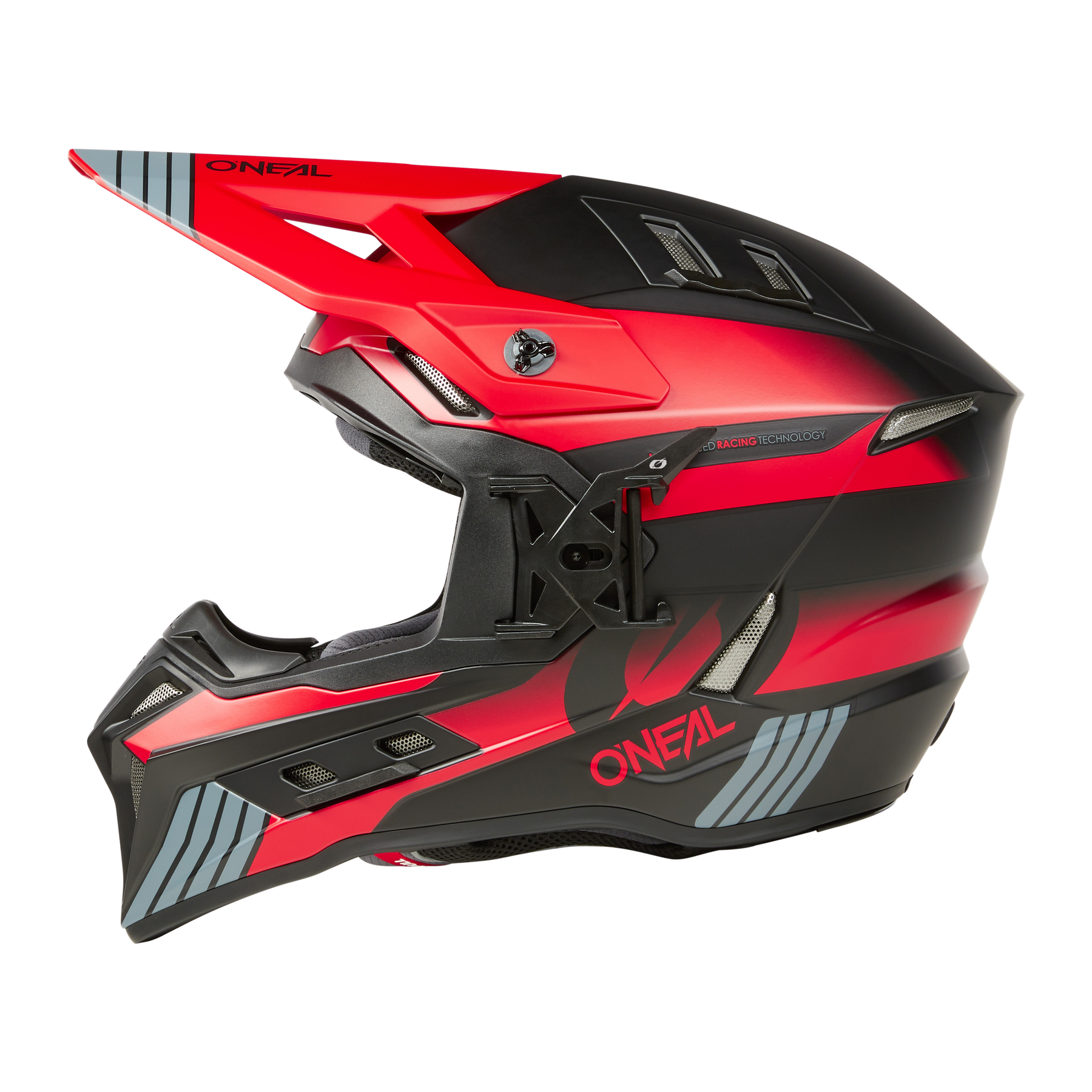 Seitenansicht eines rot-schwarzen O'NEAL EX-SRS Helms HITCH mit dem markanten „O'Neal“-Markenlogo an der Seite. Der Helm verfügt über ein Visier, mehrere Belüftungsöffnungen, integrierte Airflaps™ und ein schlankes, aerodynamisches Design mit kräftigen Farbakzenten – perfekt für Ihre Radtouren.