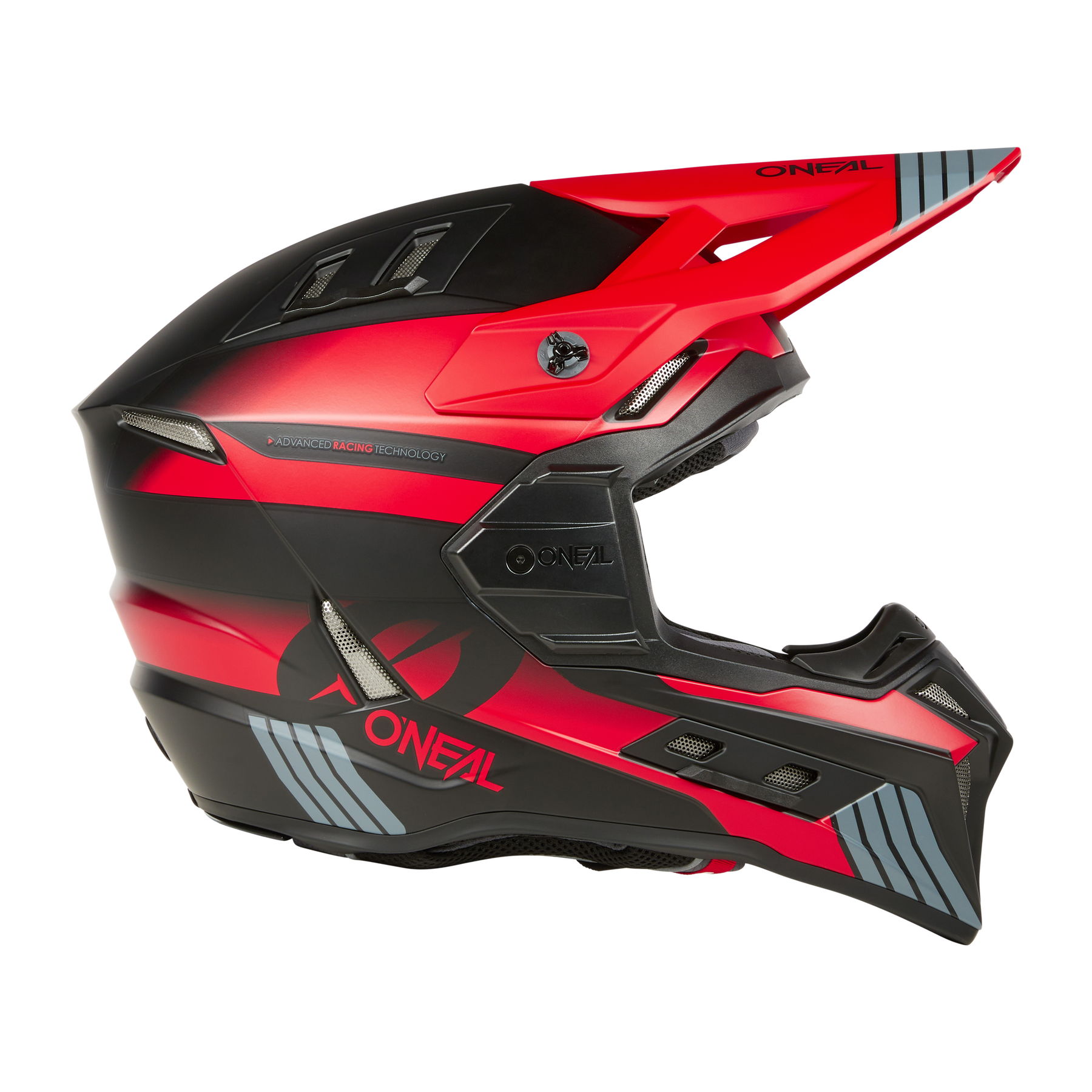 Ein rot-schwarzer O'NEAL EX-SRS Helm HITCH mit eckigen Designakzenten. Der Helm verfügt über ein Visier, mehrere Belüftungsöffnungen, auffällige Grafiken, darunter das O'NEAL-Logo an der Seite, und integrierte AirflapsTM für mehr Komfort beim Fahren.