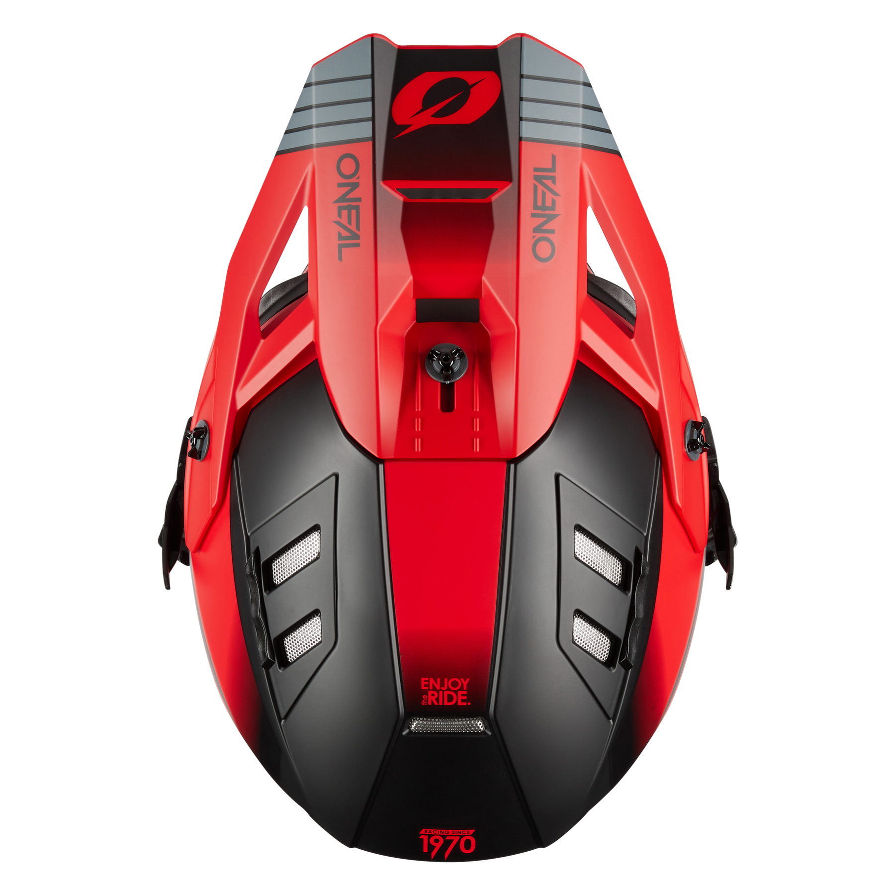 Eine Draufsicht auf einen O'NEAL EX-SRS Helm HITCH mit seinem auffälligen rot-schwarzen Design, komplett mit der Marke „O'NEAL“ an den Seiten. Der Helm verfügt über belüftete Abschnitte mit integrierten AirflapsTM und einem „Enjoy Ride“-Etikett am unteren Rand, während die Nummer „1970“ deutlich sichtbar an der Basis angebracht ist – perfekt für Ihre Fahrstunden.