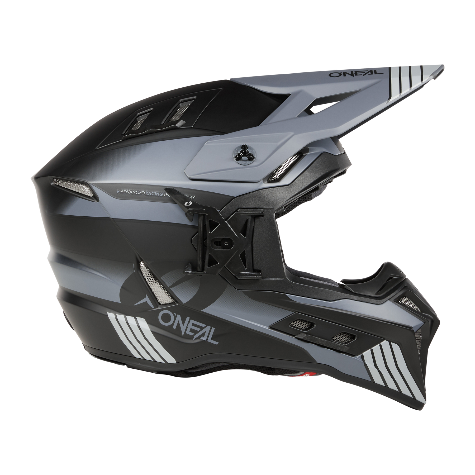 Vista lateral del casco O'NEAL EX-SRS HITCH negro-gris con franjas blancas, ventilación con solapas de aire, visera cónica y robusta mentonera: desarrollado por O'NEAL para ofrecer comodidad en viajes largos y aventuras todoterreno.