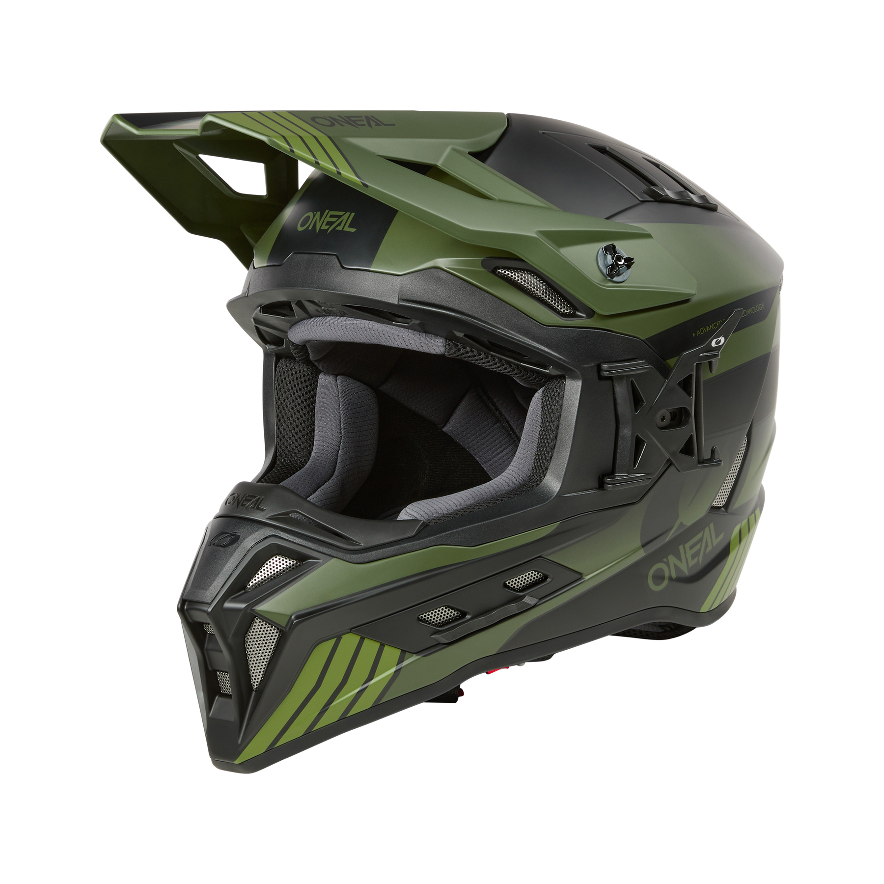 El casco O'NEAL EX-SRS HITCH en verde y negro con visera, logotipo O'NEAL y gráficos atrevidos y vanguardistas -ideal para montar en moto- se muestra sobre un fondo negro liso.