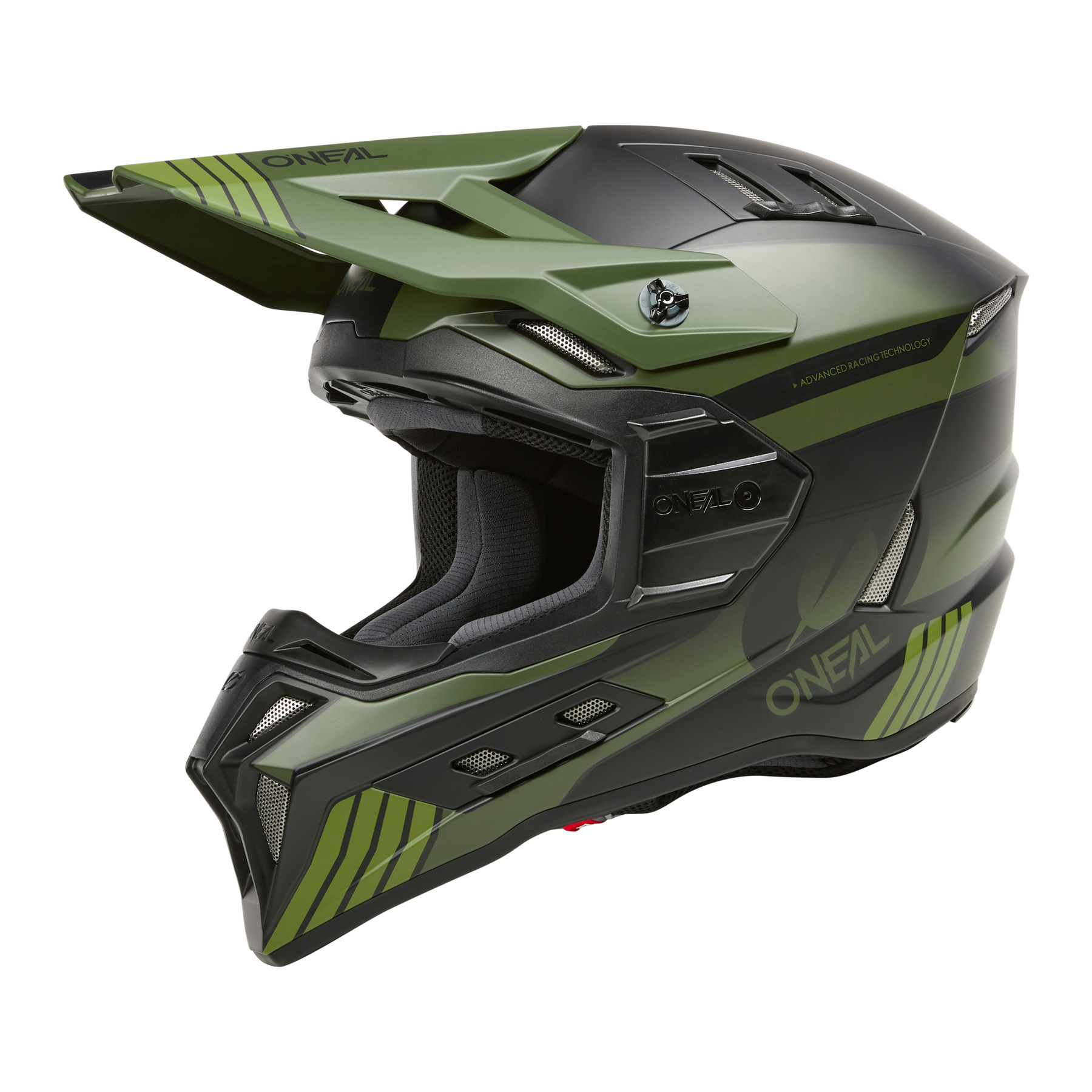 El casco O'NEAL EX-SRS HITCH en verde y negro presenta una visera ampliada, un diseño anguloso, aletas para la circulación del aire, gráficos laterales y ranuras de ventilación para una experiencia de conducción cómoda.