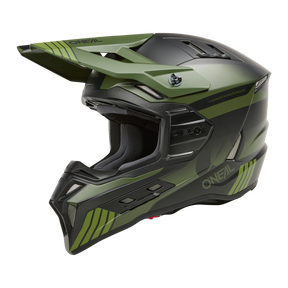 Ein grün-schwarzer O'NEAL EX-SRS Helm HITCH mit Visier und Kinnschutz vorne. Der Helm ist ideal für Riding-Sessions und verfügt über Belüftungsöffnungen oben und an den Seiten, integrierte Airflaps™ und moderne Grafikdesigns. Der Markenname „O'NEAL“ ist auf dem Visier und beiden Seiten sichtbar.