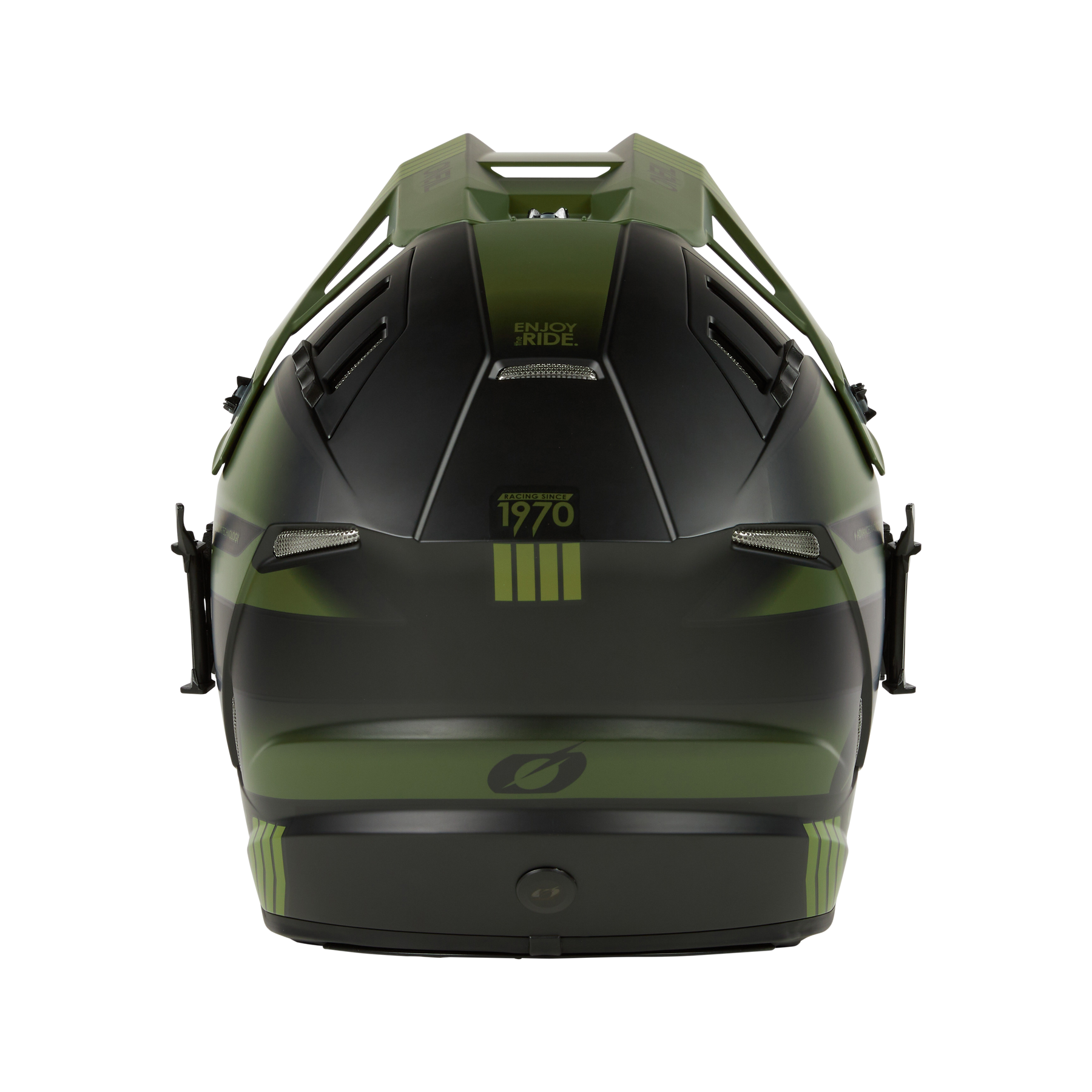 El casco O'NEAL EX-SRS HITCH mostrado por detrás en negro mate y verde tiene aberturas de ventilación, cierres laterales y las letras "ENJOY THE RIDE" y "1970" en la parte superior: ideal para tu próximo viaje.
