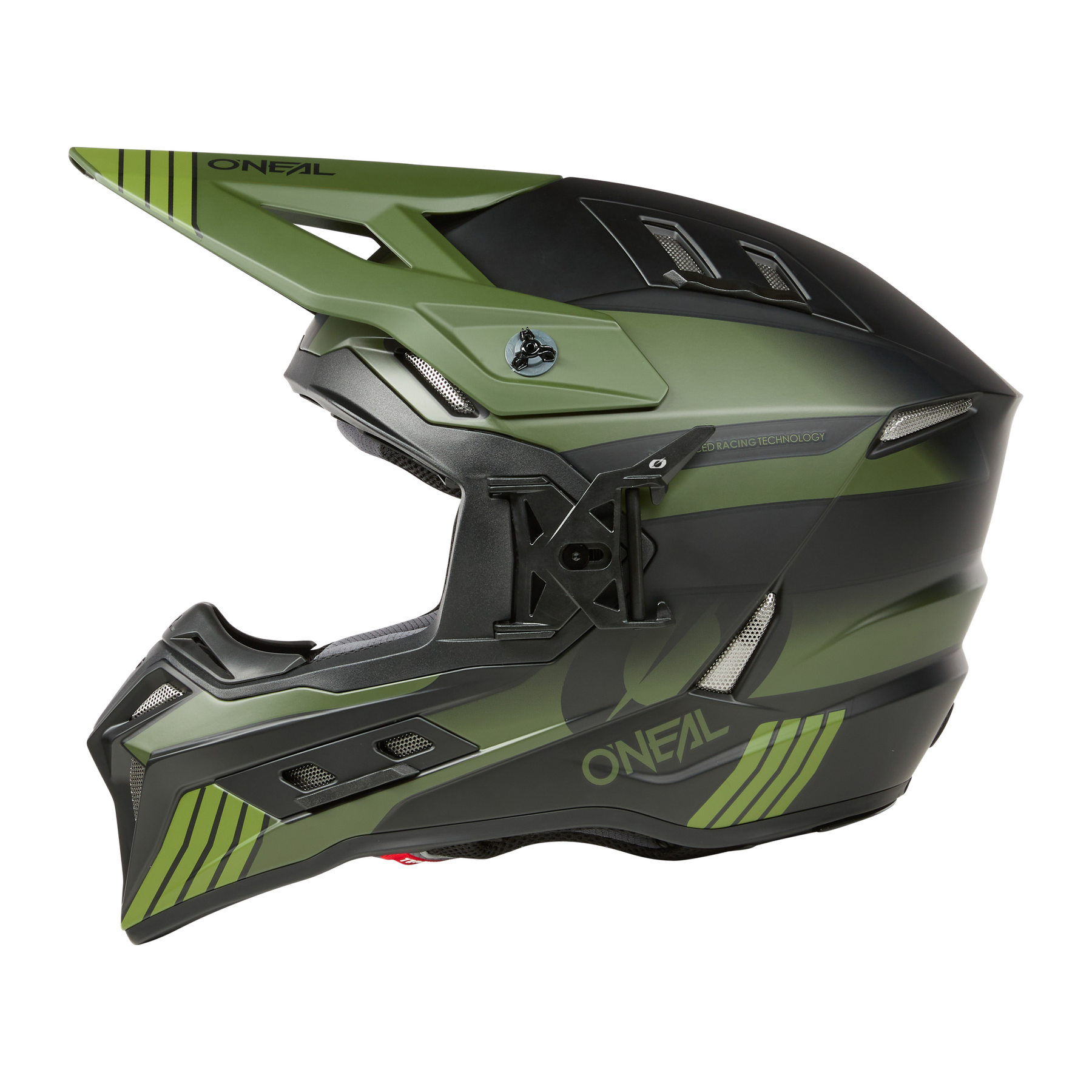 El casco O'NEAL EX-SRS HITCH tiene un diseño verde y negro mate con aberturas de ventilación angulares, deflectores de aire, visera larga, mentonera resistente, gráficos llamativos y el logotipo O'NEAL en amarillo: ideal para conducción intensiva.