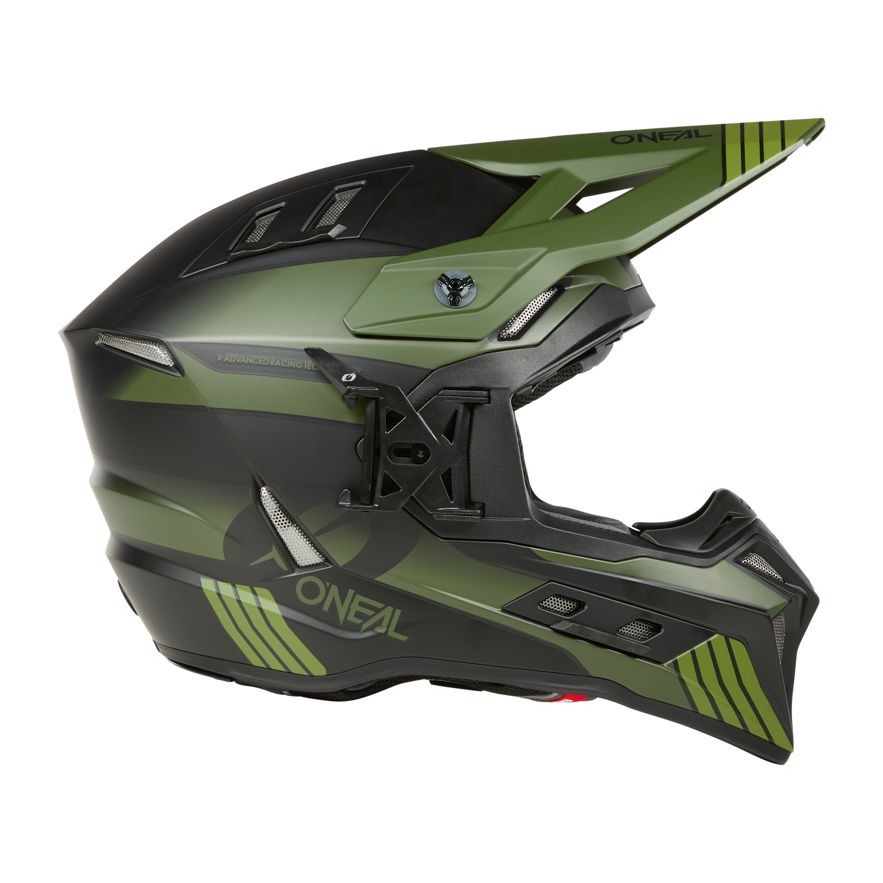 El casco O'NEAL EX-SRS HITCH presenta un acabado verde y negro mate, aberturas de ventilación angulares, una visera larga y unas llamativas franjas con motivos geométricos que le confieren un aspecto moderno y agresivo, perfecto para sesiones de pilotaje intensas.