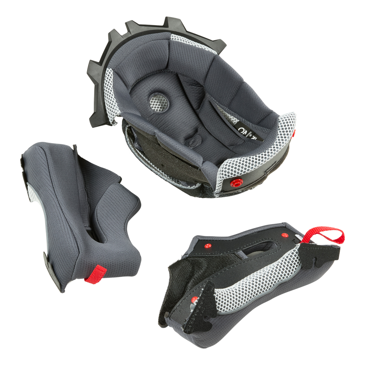 Auf weißem Hintergrund sind drei schwarze und graue Polstereinsätze für den O'NEAL Liner & Cheek Pads 3SRS Jugendhelm abgebildet. Diese Einsätze verfügen über rote Akzente und atmungsaktives Netzgewebe, das von O'NEAL für Komfort und Schutz in einem Helm entwickelt wurde.