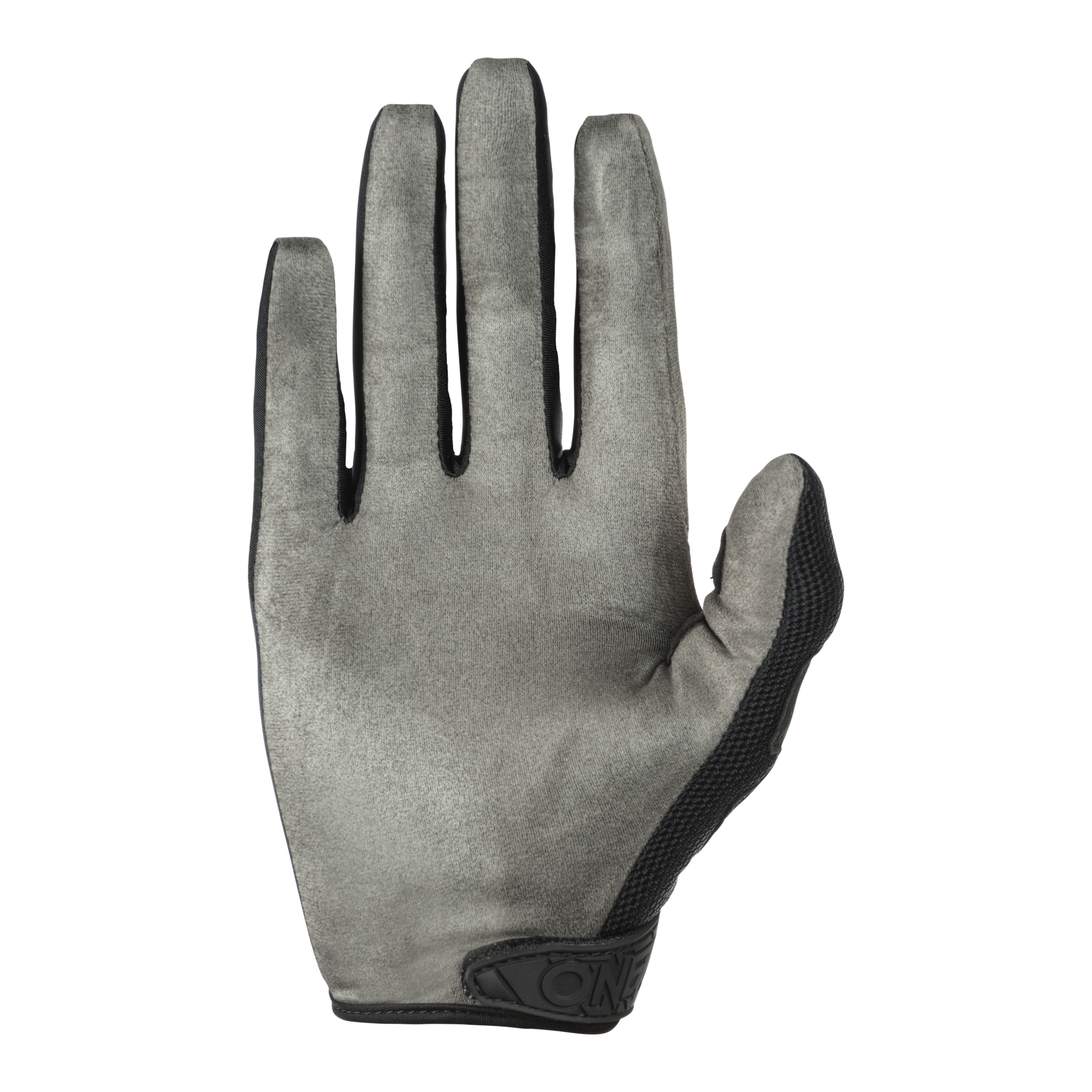 Der O'NEAL MAYHEM Handschuh SCARZ, ein grauer Motocross-Handschuh mit schwarzem Rand von O'NEAL, ist mit der Handfläche nach oben auf einem einfarbigen Hintergrund abgebildet.