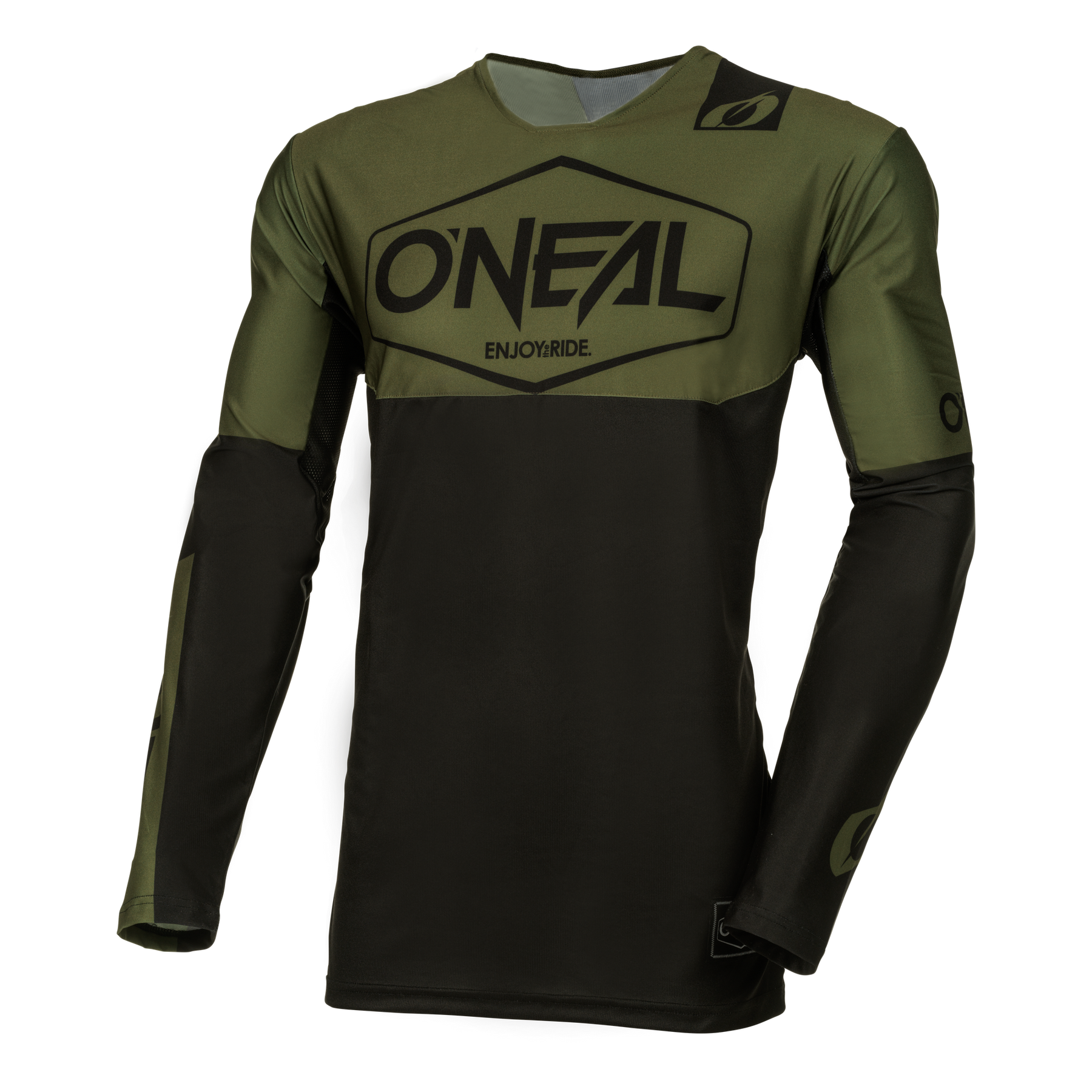 Das O'NEAL MAYHEM Jersey HEXX in Olivgrün und Schwarz zeigt "O'NEAL" und "ENJOY RIDE." auf der Brust, Logodetails an den Ärmeln und ist auf optimale Funktionalität ausgelegt.