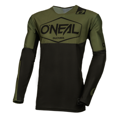 El maillot O'NEAL Mayhem Jersey Hexx en verde oliva y negro lleva "O'NEAL" y "ENJOY RIDE." en el pecho, detalles del logotipo en las mangas y está diseñado para una funcionalidad óptima.