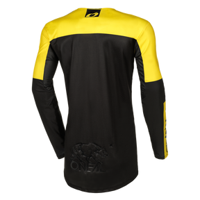 Rückansicht des O'NEAL MAYHEM Jersey HEXX, einem schwarz-gelben langärmeligen Motocross-Trikot mit dem Markennamen „O'NEAL“ und einer schwarzen Bärengrafik am unteren Rücken. Die Schultern sind überwiegend gelb und gehen in Schwarz über, mit gelben Akzenten an den Ärmeln, was die Hochleistungsqualität und Funktionalität betont.