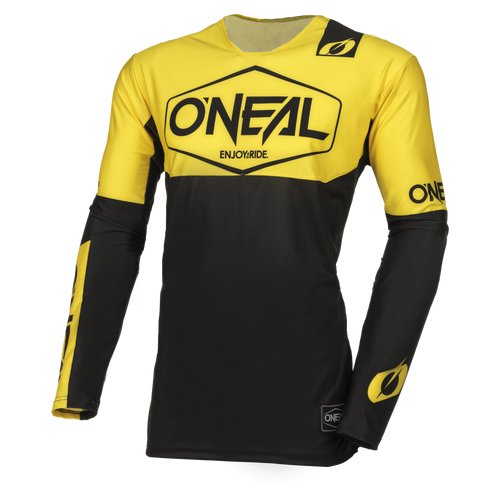 Das O'NEAL MAYHEM Trikot HEXX in leuchtendem Gelb und Schwarz hat einen auffälligen O'NEAL