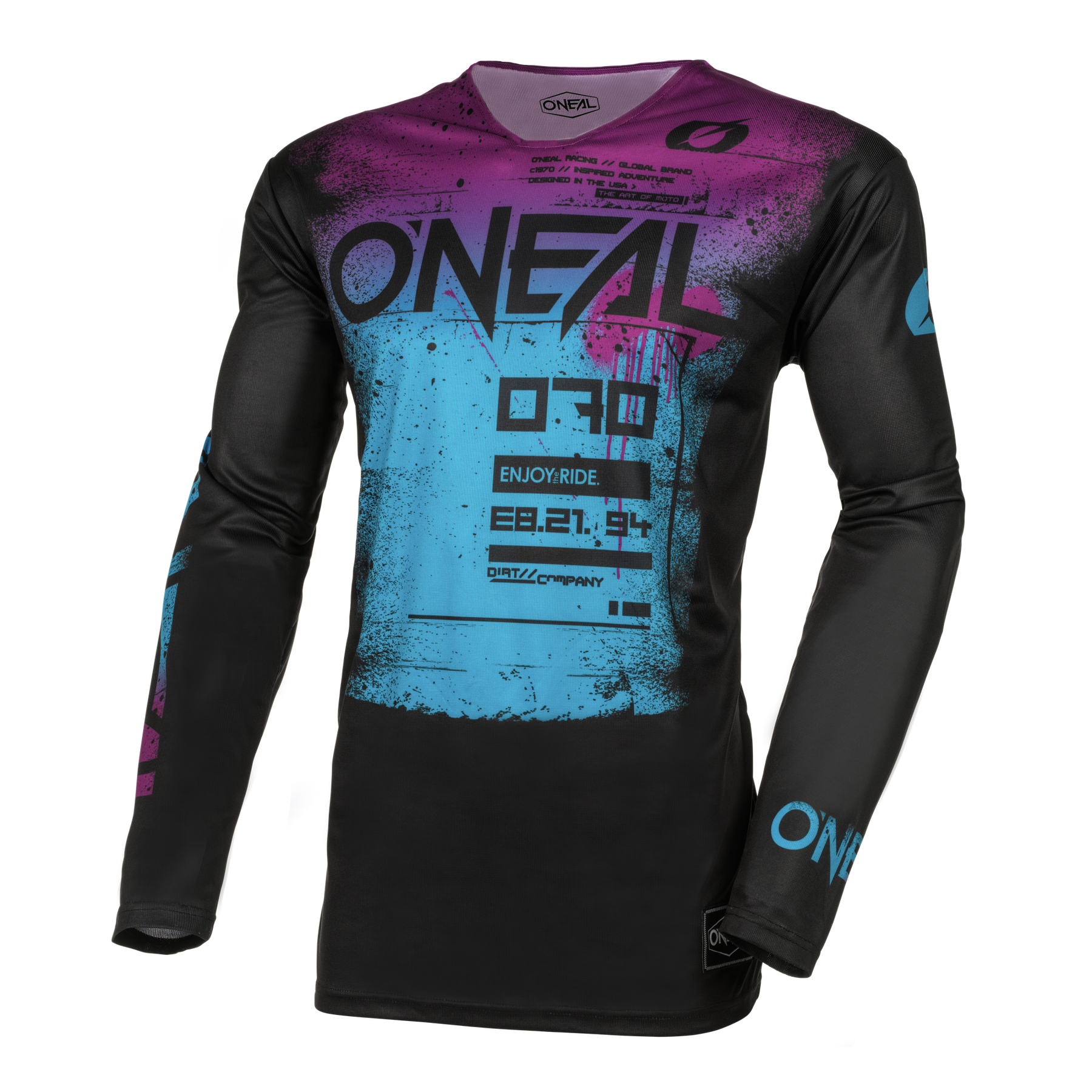 Das O'NEAL MAYHEM Jersey SCARZ hat schwarze lange Ärmel und ein auffälliges blaues und magentafarbenes Grafikdesign mit "O'NEAL"-Schriftzug und stilisiertem Text, das für hohe Qualität steht.