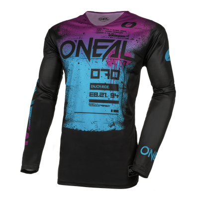 Das O'NEAL MAYHEM Jersey SCARZ hat schwarze lange Ärmel und ein auffälliges blaues und magentafarbenes Grafikdesign mit "O'NEAL"-Schriftzug und stilisiertem Text, das für hohe Qualität steht.