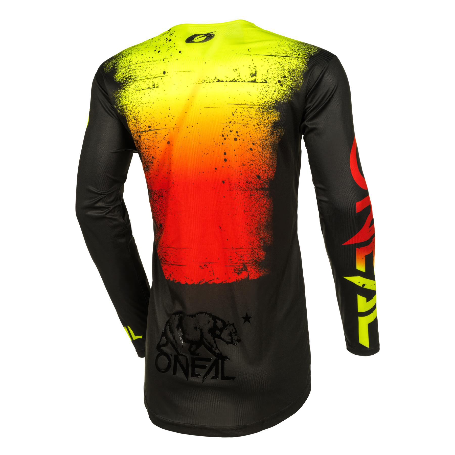 Das O'NEAL MAYHEM Jersey SCARZ ist ein langärmeliges Trikot mit schwarzer Basis, gelb-rotem Farbverlauf auf der Rückseite, dem kultigen O'NEAL-Logo, einer Bärengrafik im unteren Bereich und High-Performance Qualität.