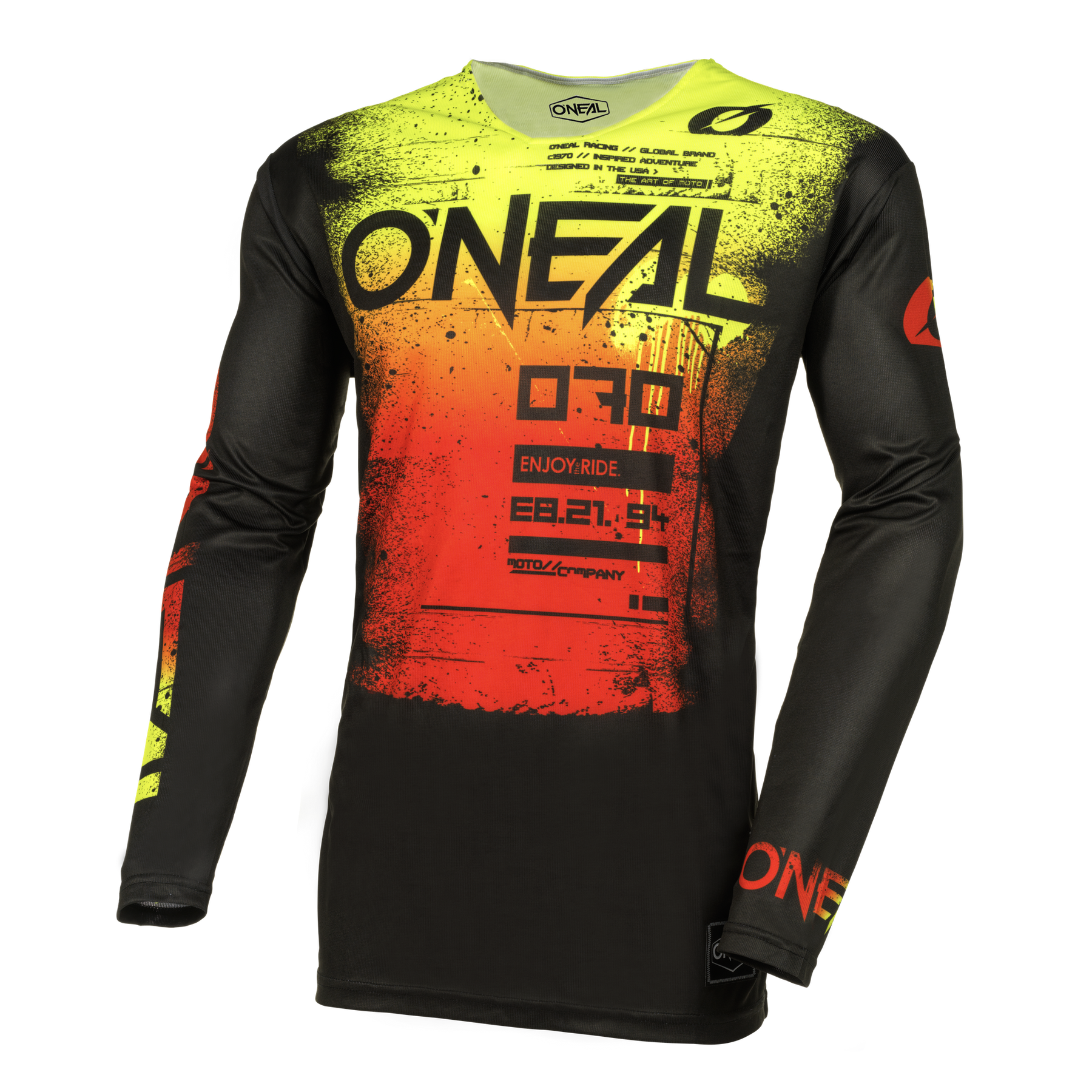 Das O'NEAL MAYHEM Jersey SCARZ hat ein schwarzes Grundmaterial mit einem neongelben bis roten Farbverlauf, auffällige O'NEAL-Logos auf Brust und Arm, eine auffällige Frontgrafik und leistungsstarke Qualität für Stil und Komfort.