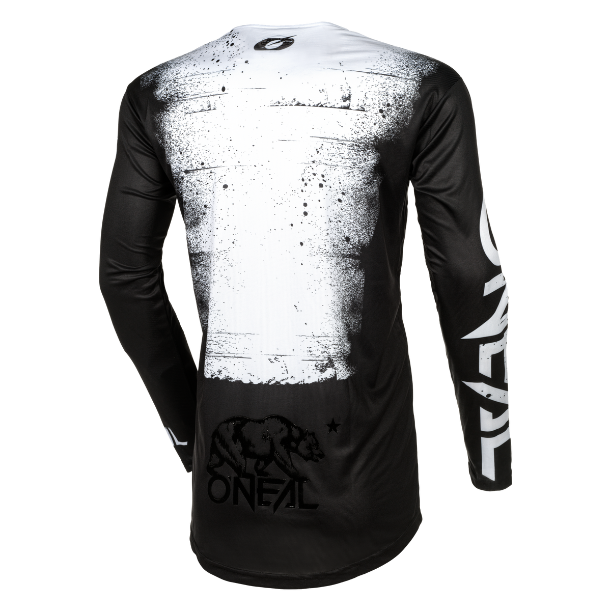 Ein O'NEAL MAYHEM Jersey SCARZ in Schwarz und Weiß ist auf schwarzem Hintergrund abgebildet. Die Rückseite zeigt eine Bärengrafik und das O'Neal-Logo am unteren Rand, mit einem markanten „O'Neal“-Text auf dem rechten Ärmel. Der obere Teil hat ein verwittertes, weiß getünchtes Design, das seine leistungsstarke Qualität und Funktionalität hervorhebt.