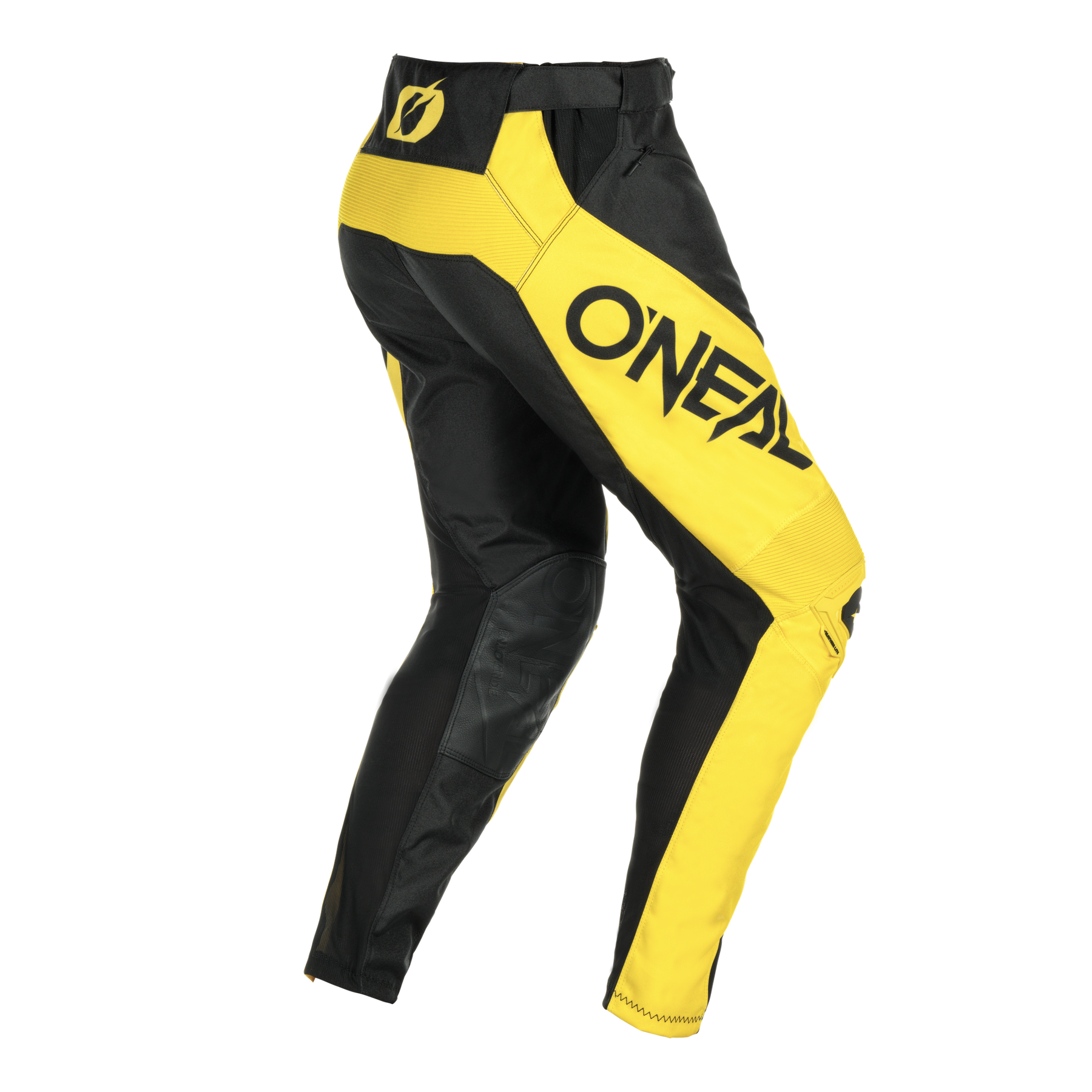Die O'NEAL MAYHEM Hose HEXX Motocross-Hose in Gelb und Schwarz hat den Schriftzug "ONEAL" auf dem Oberschenkel, atmungsaktives Material, verstärkte Einsätze und ein tailliertes Design.