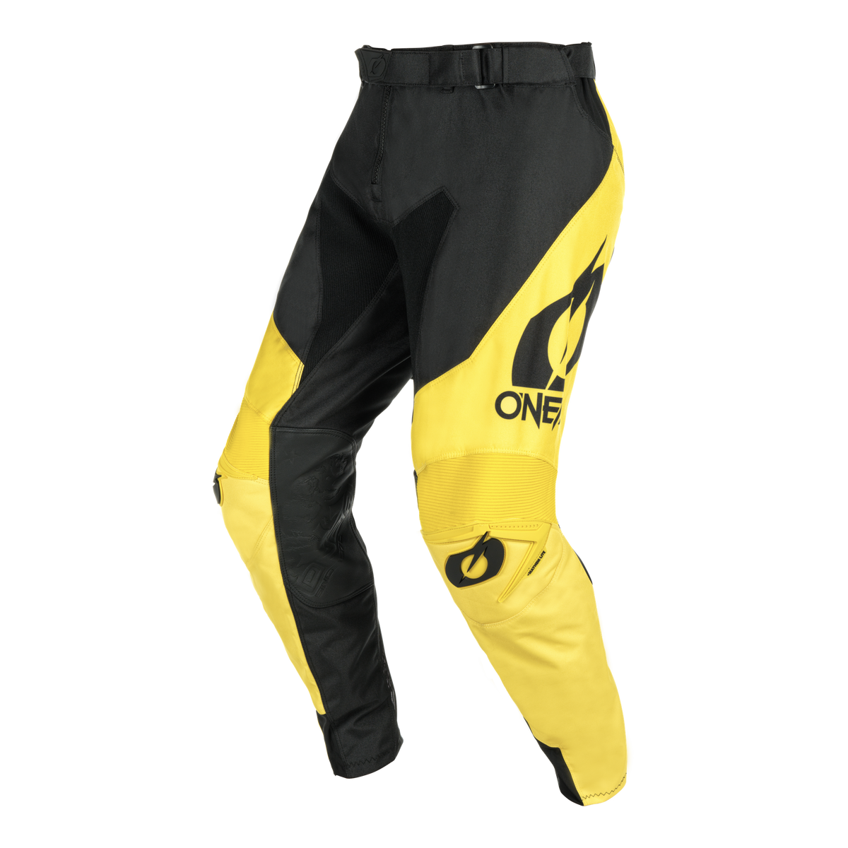 Die O'NEAL MAYHEM Hose HEXX ist eine gelb-schwarze Motocross-Hose mit einem Flammenlogo und dem Wort „ONE“ auf dem rechten Oberschenkel. Diese bequeme Hose verfügt über schützende Kniepolster, einen Hosenschlitz mit Reißverschluss und einen verstellbaren Hüftgurt. Darüber hinaus ist sie atmungsaktiv, um Ihr Bike-Fahrerlebnis zu verbessern.