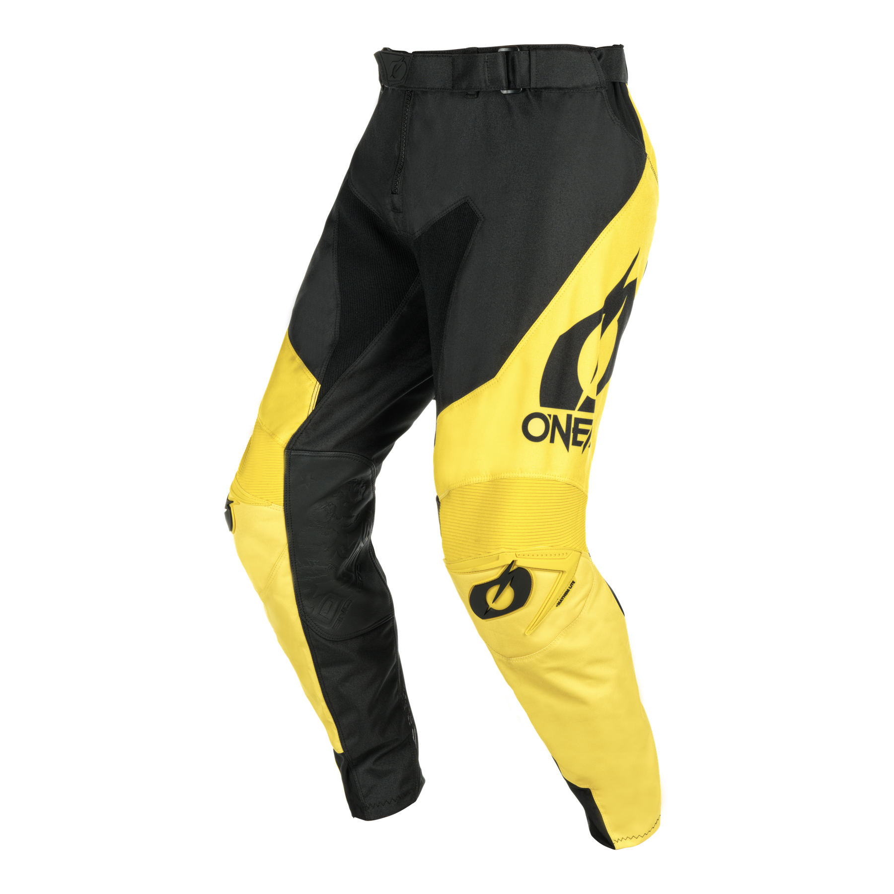 Die O'NEAL MAYHEM Hose HEXX ist eine gelb-schwarze Fahrradhose mit einer auffälligen Flammengrafik, "ONE" auf dem rechten Bein, atmungsaktivem Material, verstärkten Knien und verstellbarem Bund.