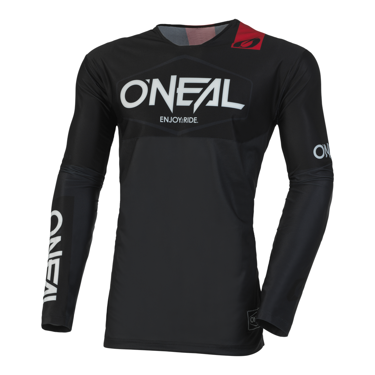 Das O'NEAL MAYHEM Jersey HEXX ist ein schwarzes Langarm-Motocross-Trikot mit weißem „O'NEAL“-Branding auf der Brust, dem rechten Unterarm und dem Nackenschild. Unter dem Brustlogo ist der Satz „ENJOY.RIDE.“ aufgedruckt. Dieses Trikot in Hochleistungsqualität verfügt außerdem über einen kleinen roten Akzent im linken Schulterbereich.