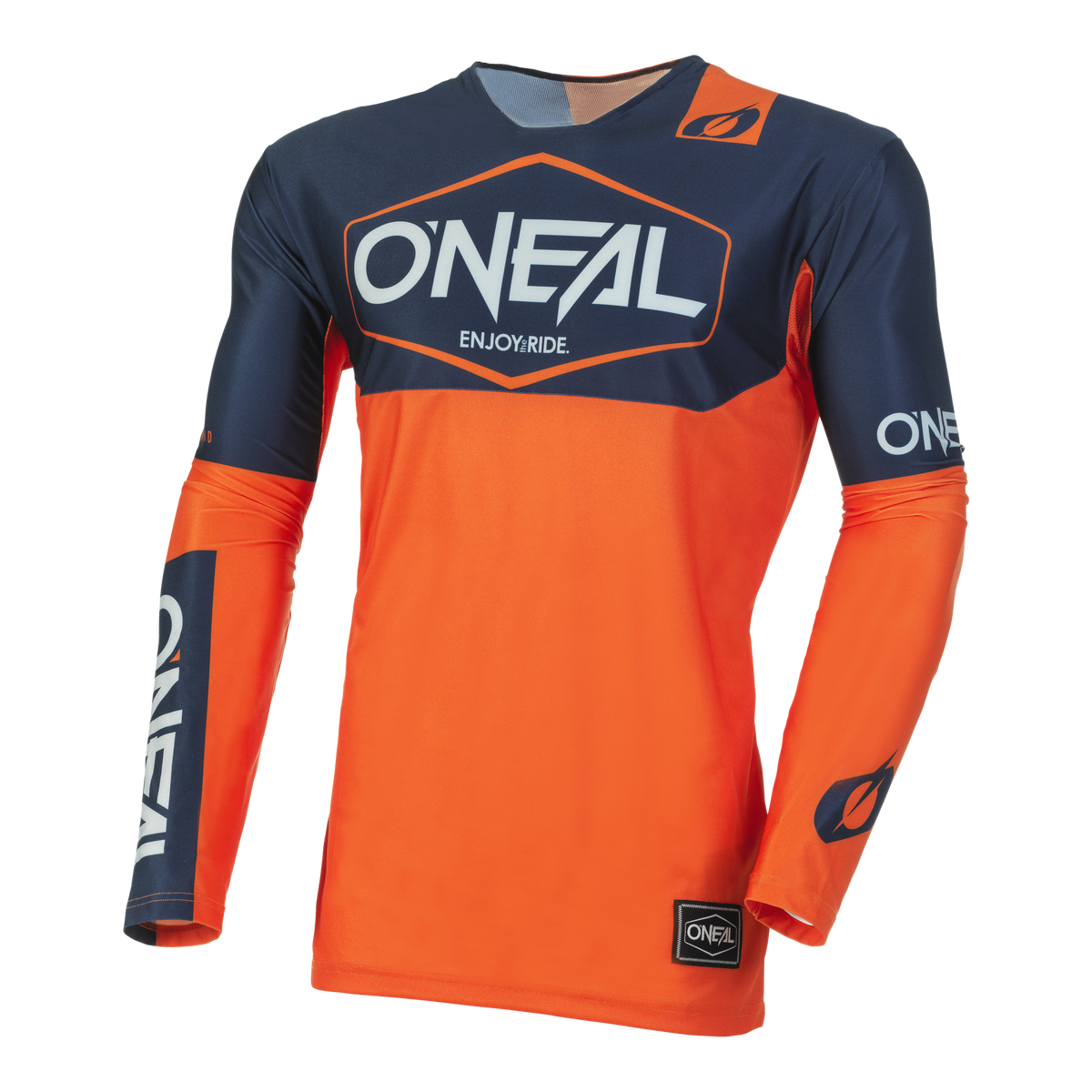 Ein langärmliges Motocross-Trikot mit einem auffälligen Design in den dominanten Farben Orange und Marineblau. Das O'NEAL MAYHEM Jersey HEXX trägt den Markennamen „O'NEAL“ prominent auf der Brust, den Ärmeln und der unteren Vorderseite mit dem Slogan „ENJOY. RIDE“. Entwickelt für High-Performance-Qualität und ultimativen Komfort.
