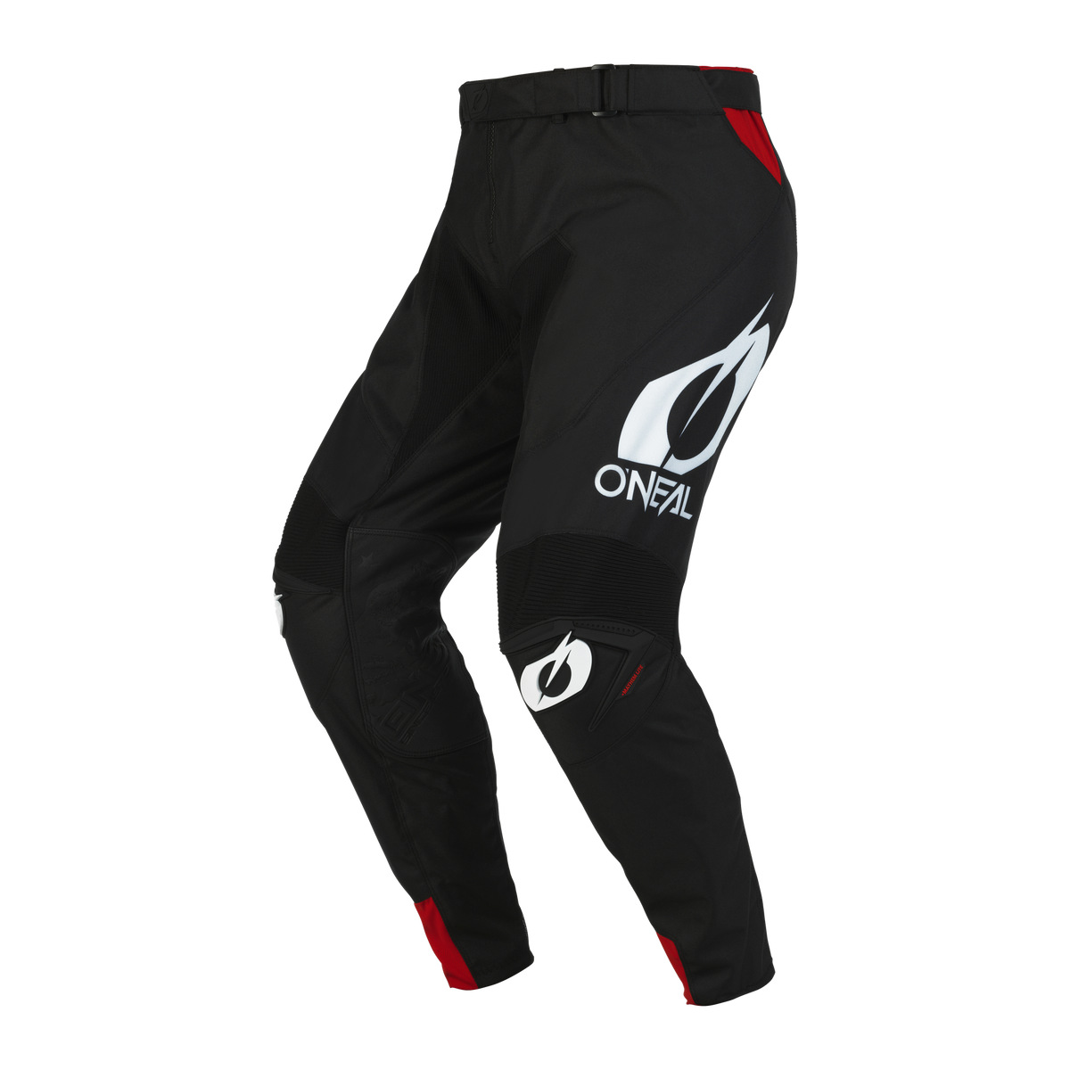 Ein Paar schwarze O'NEAL MAYHEM Hose HEXX Motocross-Hose mit roten und weißen Akzenten. Die Hose hat ein großes O'Neal-Logo auf dem linken Oberschenkel, verstärkte Kniepartien und einen verstellbaren Bund mit Schnalle. Sie wurde für Bike-Enthusiasten entworfen und ist elegant, sportlich, atmungsaktiv (atmungsaktiv) und bequem (komfortabel) für intensive Fahrten.