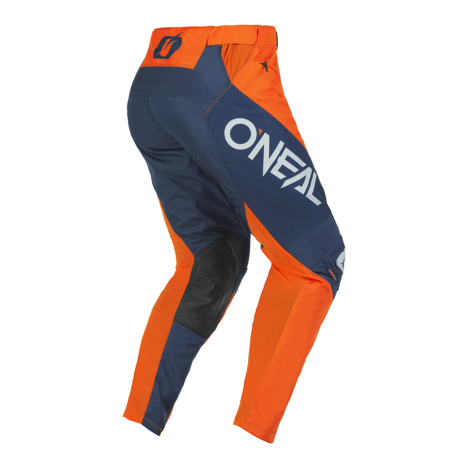 Die O'NEAL MAYHEM Hose HEXX in Orange und Marineblau zeigt das "ONEAL"-Logo auf dem linken Bein, verstärkte Knieeinsätze und ein atmungsaktives, tailliertes Design auf einem schlichten schwarzen Hintergrund.