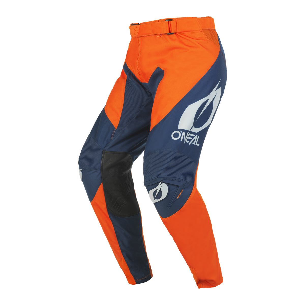 Bild der O'NEAL MAYHEM Hose HEXX Motocross-Hose in Orange und Marineblau mit weißen O'Neal-Logos an den Oberschenkeln und Knien. Das Design zeichnet sich durch gepolsterte Knie für ein angenehmeres Fahrgefühl, verstärktes Gewebe für mehr Strapazierfähigkeit und atmungsaktive Materialien aus. Die Hose ist vor einem schlichten weißen Hintergrund abgebildet.