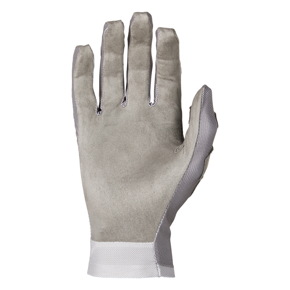 Ein einzelner, grauer O'NEAL PODIUM 1.0-Handschuh wird vor einem schwarzen Hintergrund gezeigt. Der Handschuh bietet hohen Komfort und scheint aus einem weichen, wildlederähnlichen Material mit einem strukturierten weißen Armband und Seitenteil zu bestehen. Der Handschuh ist mit der Handfläche zum Betrachter ausgerichtet.