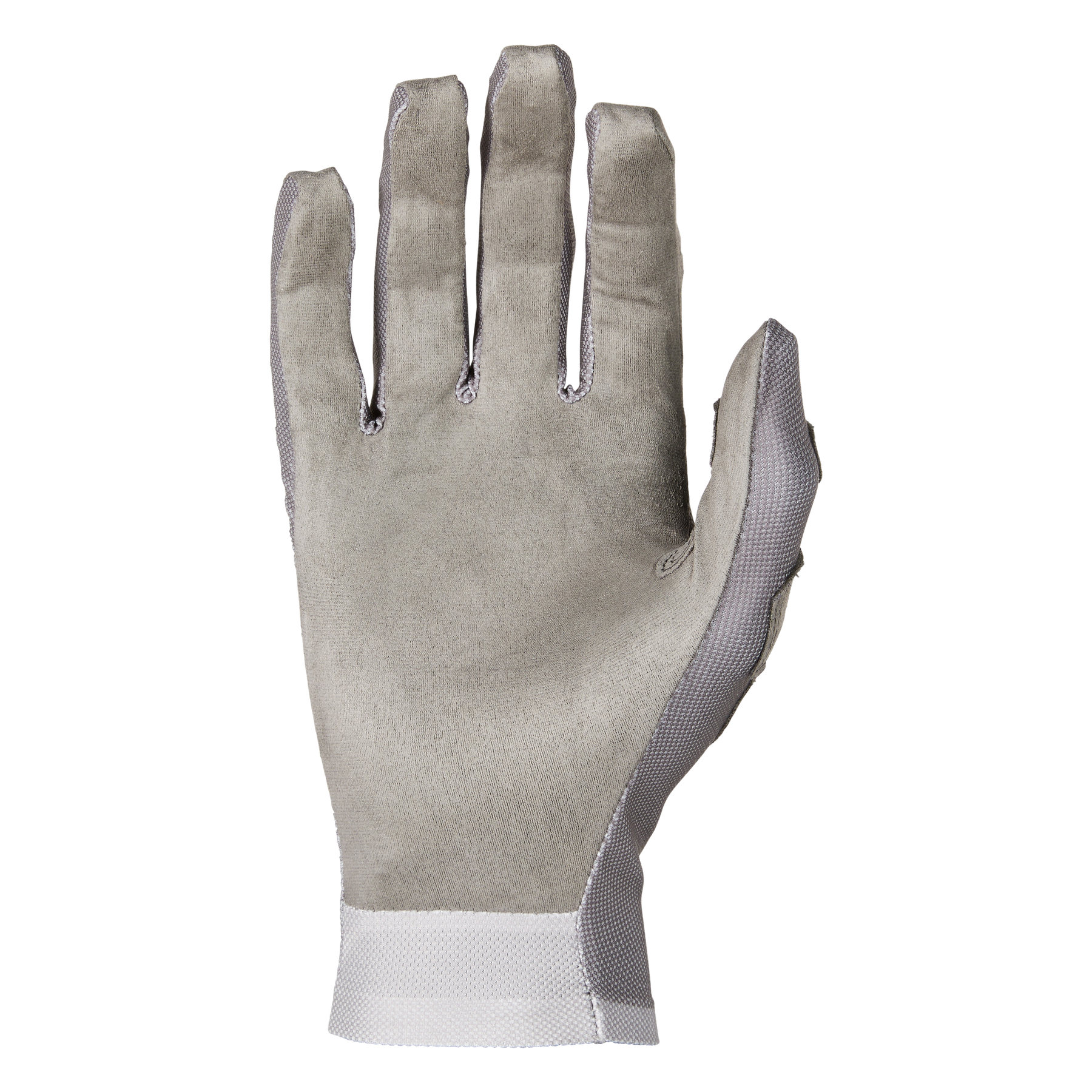 Ein einzelner, grauer O'NEAL PODIUM 1.0-Handschuh wird vor einem schwarzen Hintergrund gezeigt. Der Handschuh bietet hohen Komfort und scheint aus einem weichen, wildlederähnlichen Material mit einem strukturierten weißen Armband und Seitenteil zu bestehen. Der Handschuh ist mit der Handfläche zum Betrachter ausgerichtet.