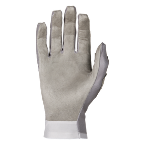 Ein einzelner, grauer O'NEAL PODIUM 1.0-Handschuh wird vor einem schwarzen Hintergrund gezeigt. Der Handschuh bietet hohen Komfort und scheint aus einem weichen, wildlederähnlichen Material mit einem strukturierten weißen Armband und Seitenteil zu bestehen. Der Handschuh ist mit der Handfläche zum Betrachter ausgerichtet.