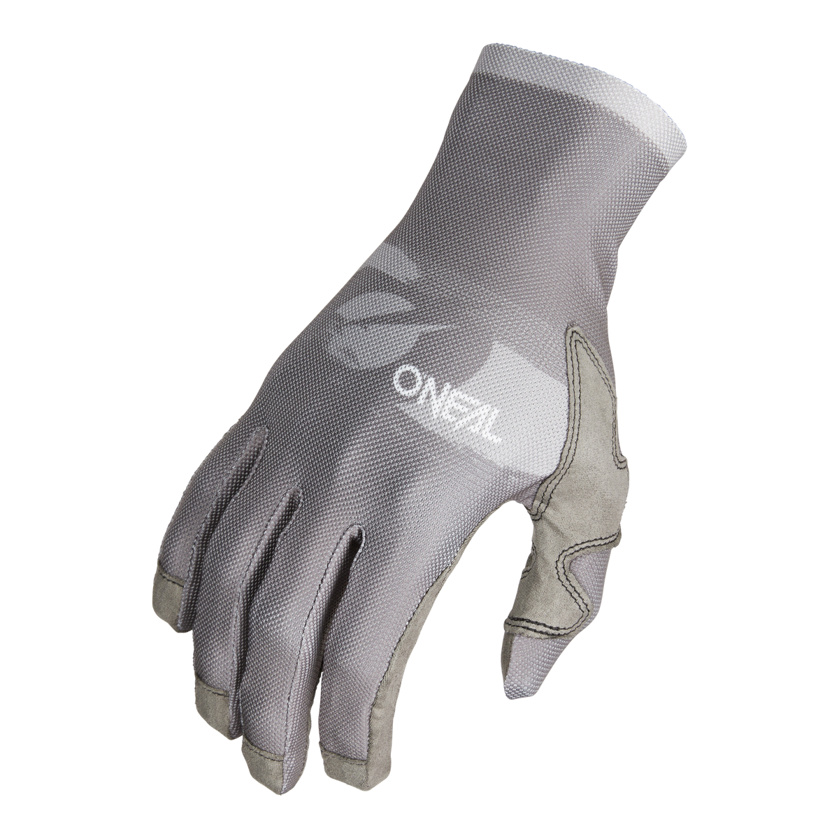 Der O'NEAL PODIUM 1.0 Glove von O'NEAL, ein grau-weißer Mesh-Handschuh mit der Aufschrift „ONZIL“, verfügt über verstärktes wildlederähnliches Material an den Fingerspitzen und entlang des Daumens für zusätzliche Haltbarkeit. Dieser Handschuh verfügt über eine atmungsaktive Textur, die für schützende Handschuhe entwickelt wurde und hohen Komfort für Aktivitäten wie Radfahren oder Handarbeit bietet.
