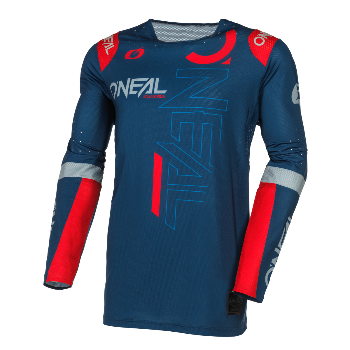 Ein blaues, langärmliges O'NEAL PRODIGY-Trikot FIVE THREE mit roten und weißen Akzenten sowie Mesh-Material an den Unterarmen und Schultern zur Belüftung. Dieses leistungsstarke Qualitätstrikot zeigt das markante O'Neal-Logo auf der Brust, den Ärmeln und den Schultern.