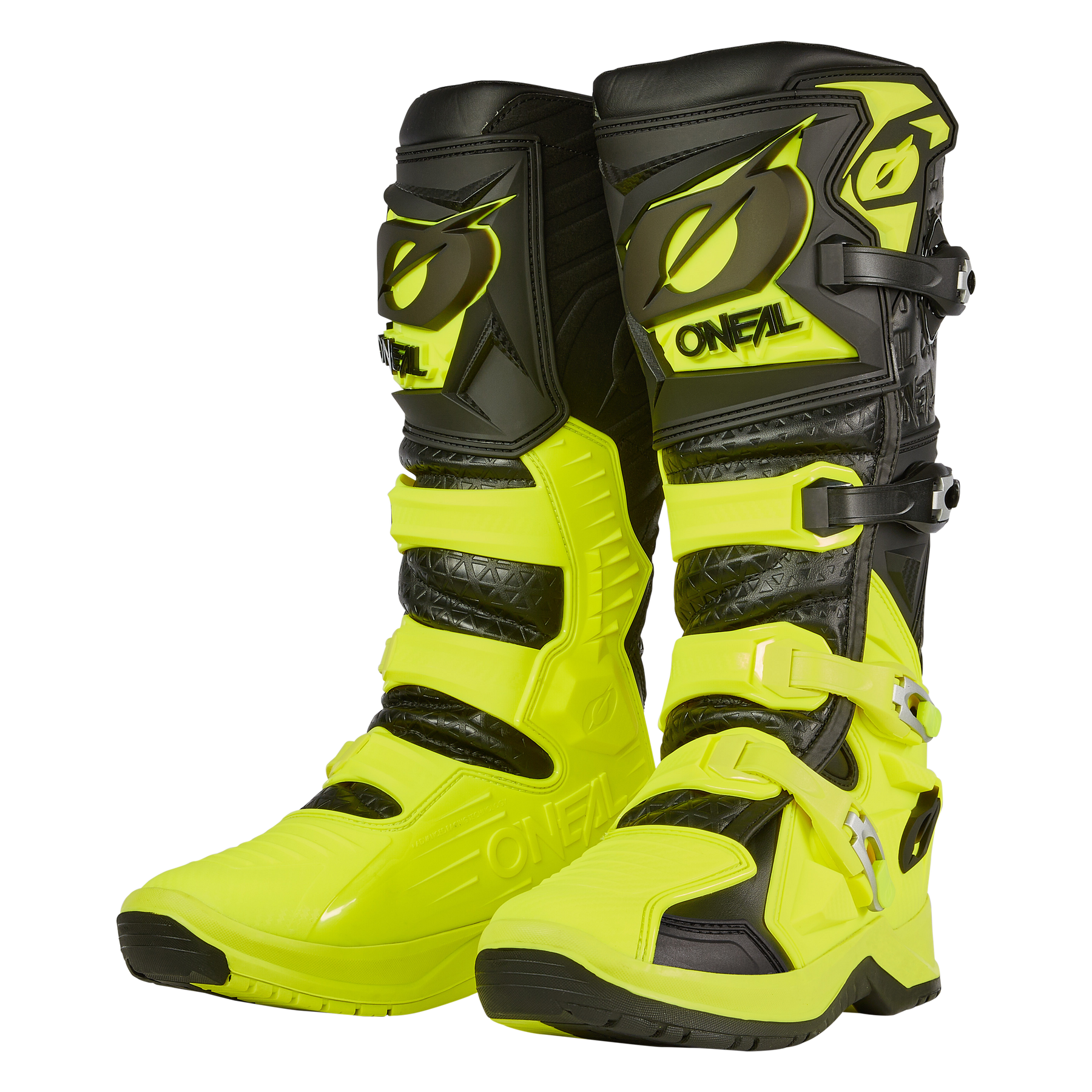 Die O'NEAL RMX PRO Stiefel sind gut sichtbare, gelb-schwarze Stiefel mit auffälligen Schnallen, strukturierten Einsätzen und dem O'NEAL-Logo, die Schutz und Unterstützung bei Motorradabenteuern im Gelände bieten.