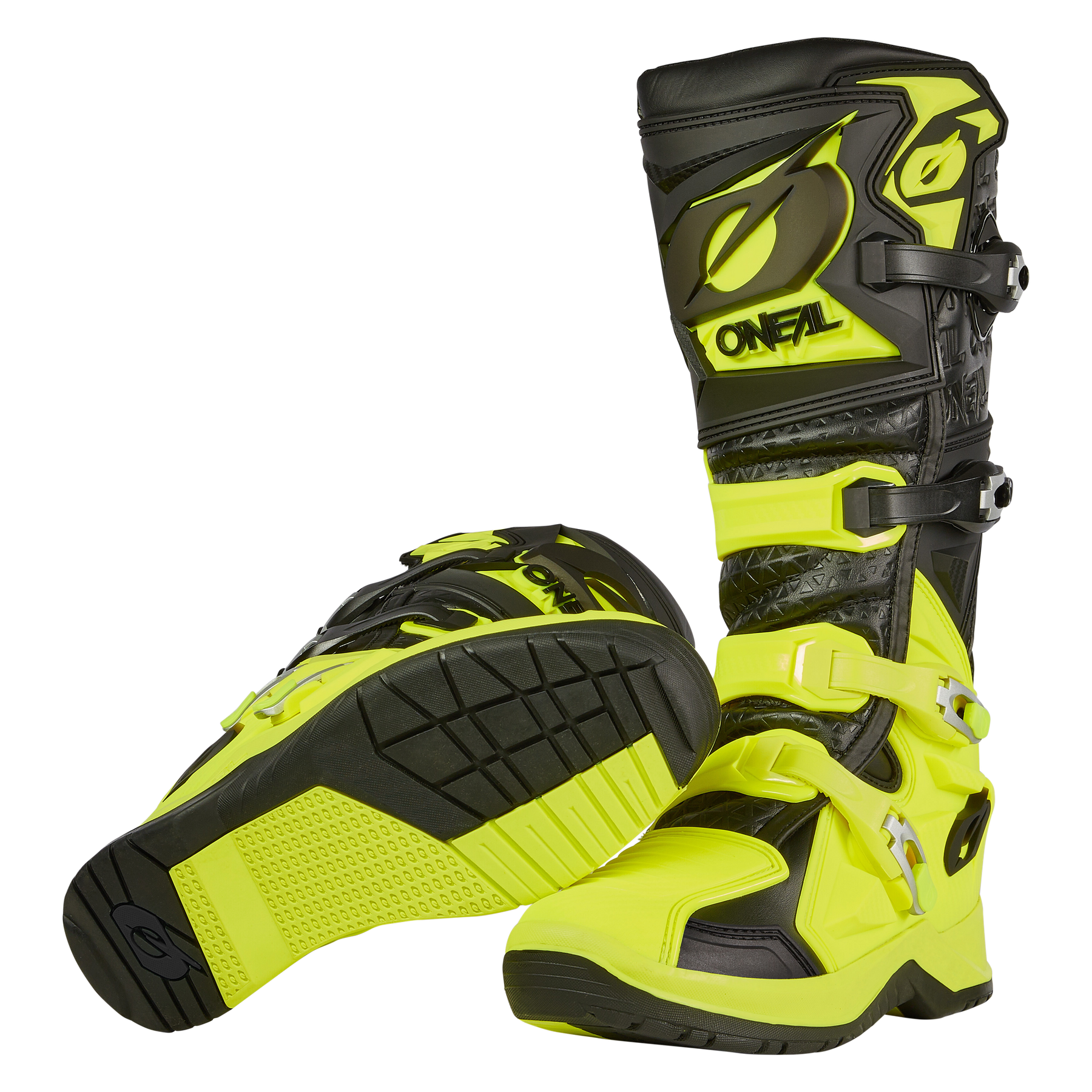 Die O'NEAL RMX PRO Stiefel in Neongelb und Schwarz verfügen über Schnallen, robuste Sohlen und auffällige O'NEAL-Logos - ideal für jedes Offroad-Abenteuer. Ein Stiefel steht aufrecht, der andere liegt auf der Seite, um die Sohle zu zeigen.