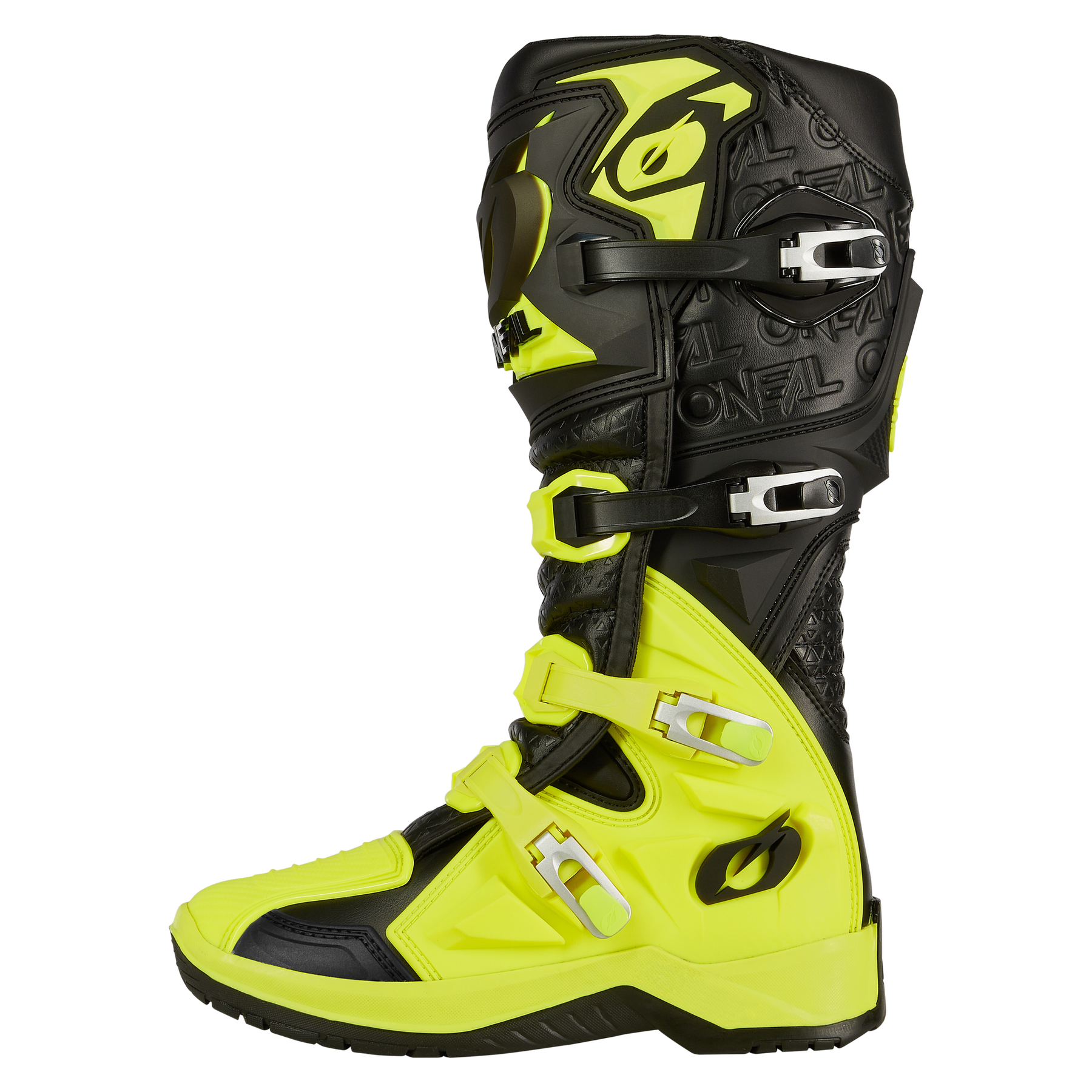 Der O'NEAL RMX PRO Stiefel ist ein schwarzer und neongelber Motocross-Stiefel mit drei Metallschnallen, strukturierten Details und verstärktem Schienbein- und Knöchelschutz - ideal für Ihr nächstes Offroad-Abenteuer.