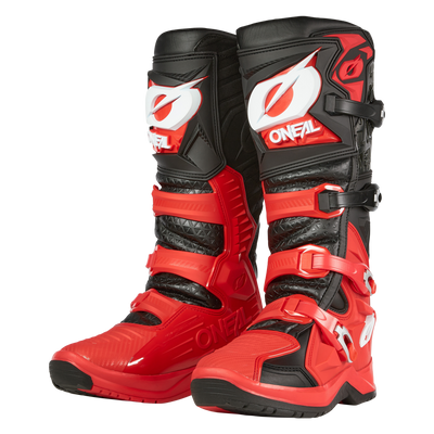 A pair of O'NEAL RMX PRO boots in red, black and white with eye-catching O'NEAL branding, multi-adjustable buckles and robust soles are pictured upright against a white background.