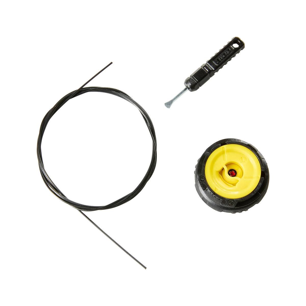 Ein O'NEAL SESSION SPD Shoe Lace Tensioner Kit 2022 mit einem gelben Spulenkopf mit Drehverschluss und einem kleinen schwarzen Werkzeug für Fadentrimmer wird elegant auf einem schlanken schwarzen Hintergrund präsentiert.
