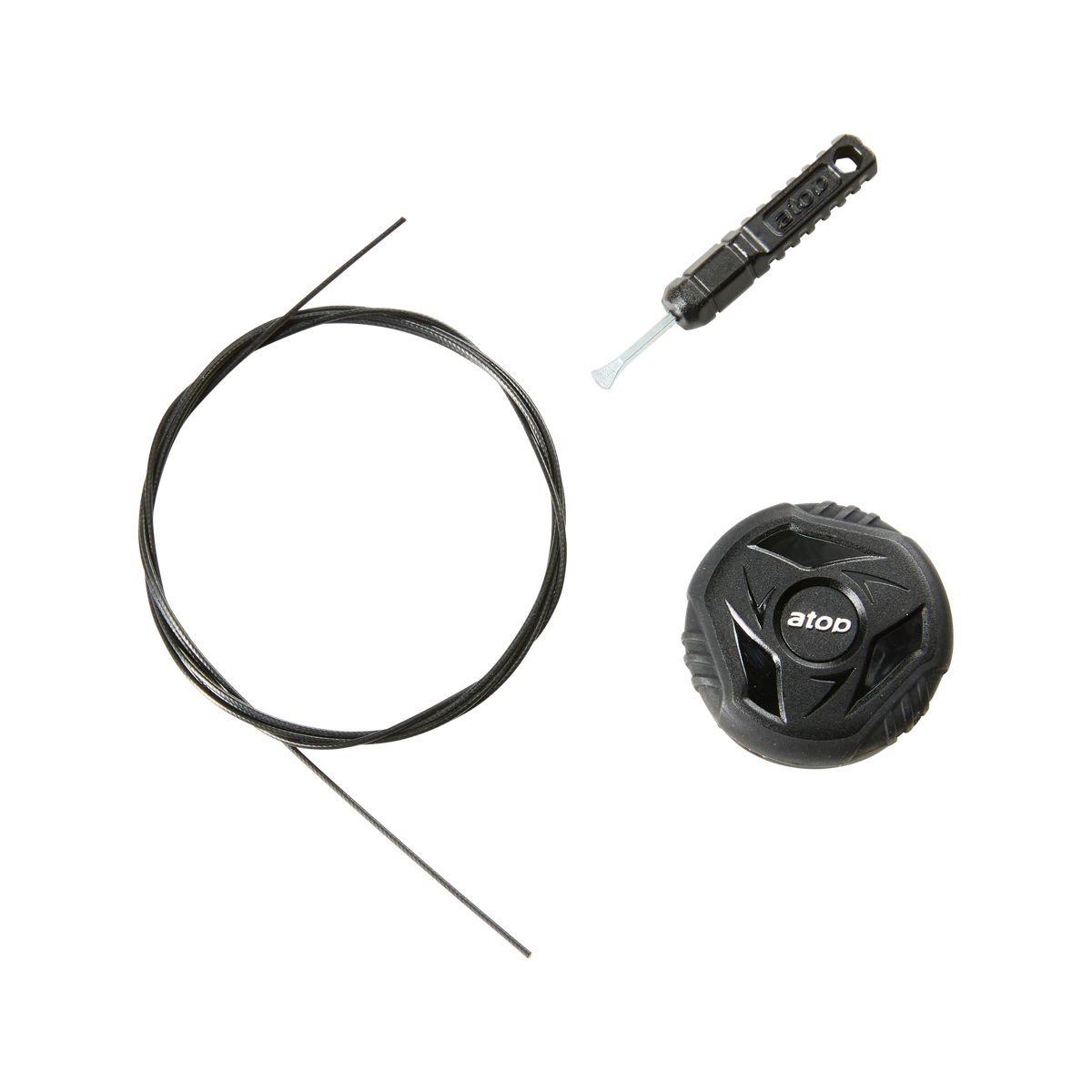 Das Bild zeigt das O'NEAL SESSION SPD Shoe Lace Tensioner Kit 2022 in Schwarz und präsentiert ein rundes BOA-Zifferblatt mit geriffelten Kanten und dem Aufdruck „BOA“, dazu ein loser, dünner Ersatzschnürband-Schnürsenkel und ein Werkzeug mit einer schlanken, flachen Spitze zum Festziehen.