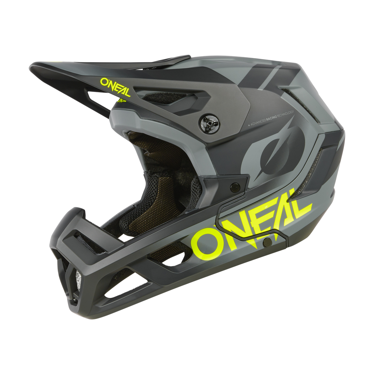 Der O'NEAL SL1 Helmet STRIKE ist ein mattgrau-schwarzer Integralhelm für Mountainbikes mit neongelben Akzenten. Der Markenname „O'Neal“ ist in gelber Schrift prominent auf der Seite angebracht. Dieser Helm besticht durch sein stromlinienförmiges Design und verfügt über mehrere Belüftungsöffnungen für optimalen Schutz.