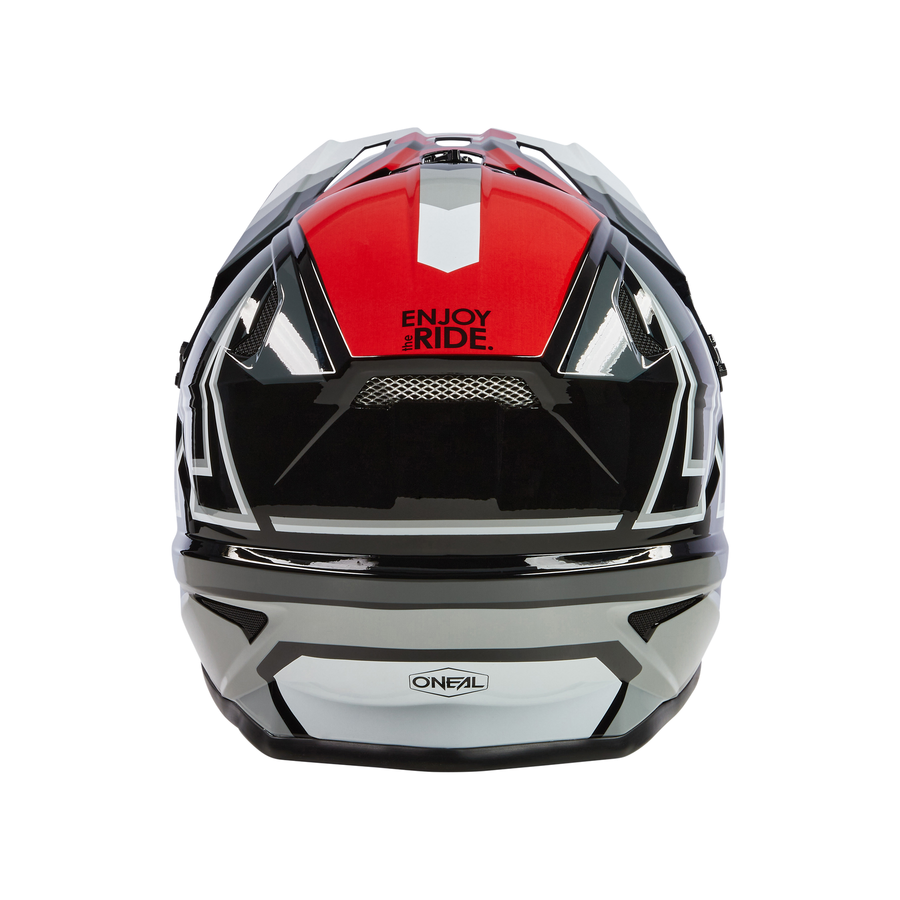 Ein hochwertiger Motorradhelm mit einem schwarz-rot-weißen Farbschema, von hinten betrachtet. Der Text „ENJOY THE RIDE.“ ist oben aufgedruckt und „O’NEAL“ ist unten sichtbar. Das Design weist eckige Muster und Belüftungskanäle auf, die an den O’NEAL SONUS Helm Kinder SPLIT erinnern.